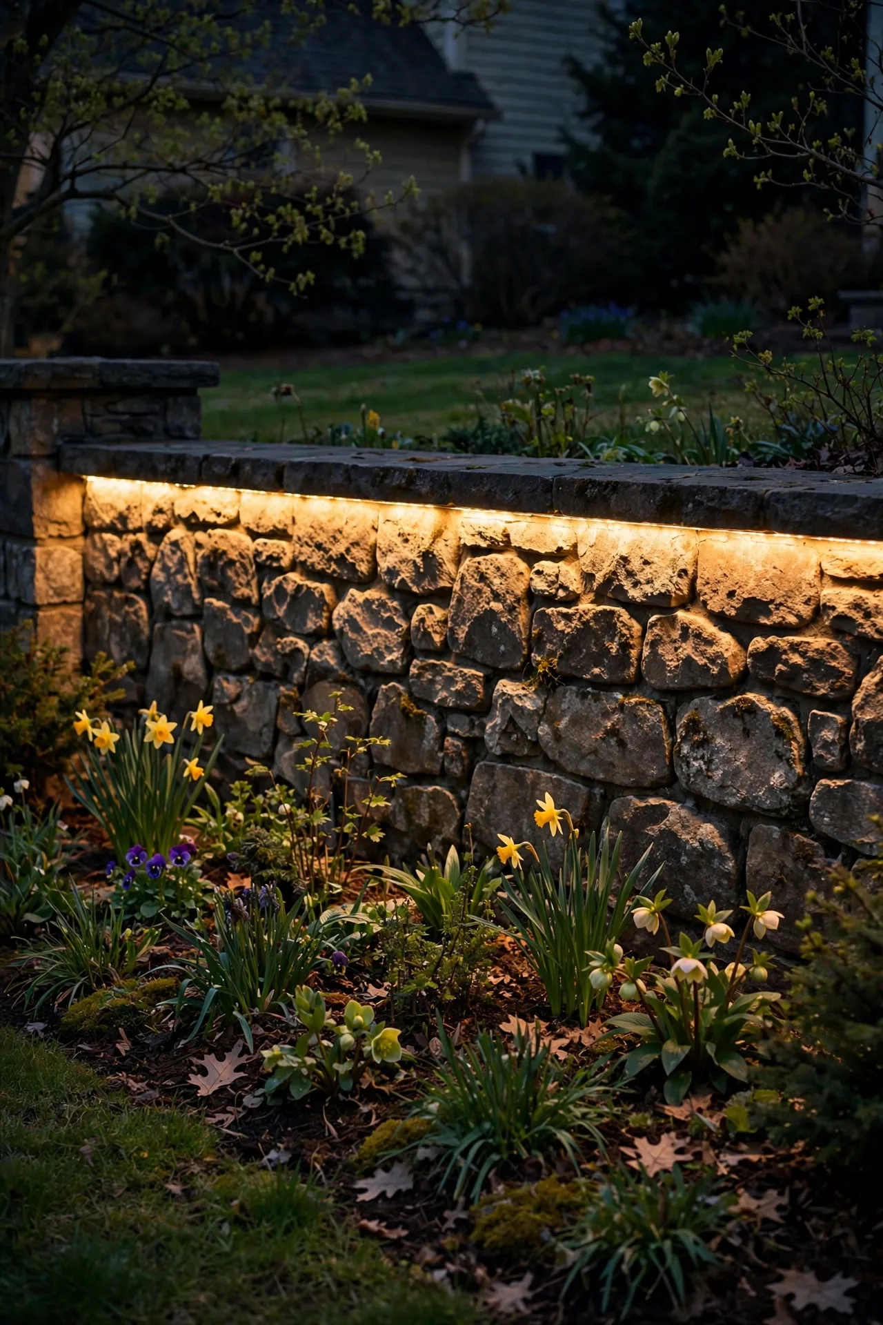 Warm LED strip light under a stone wall cap casting a soft ribbon of light down the wall face at night
