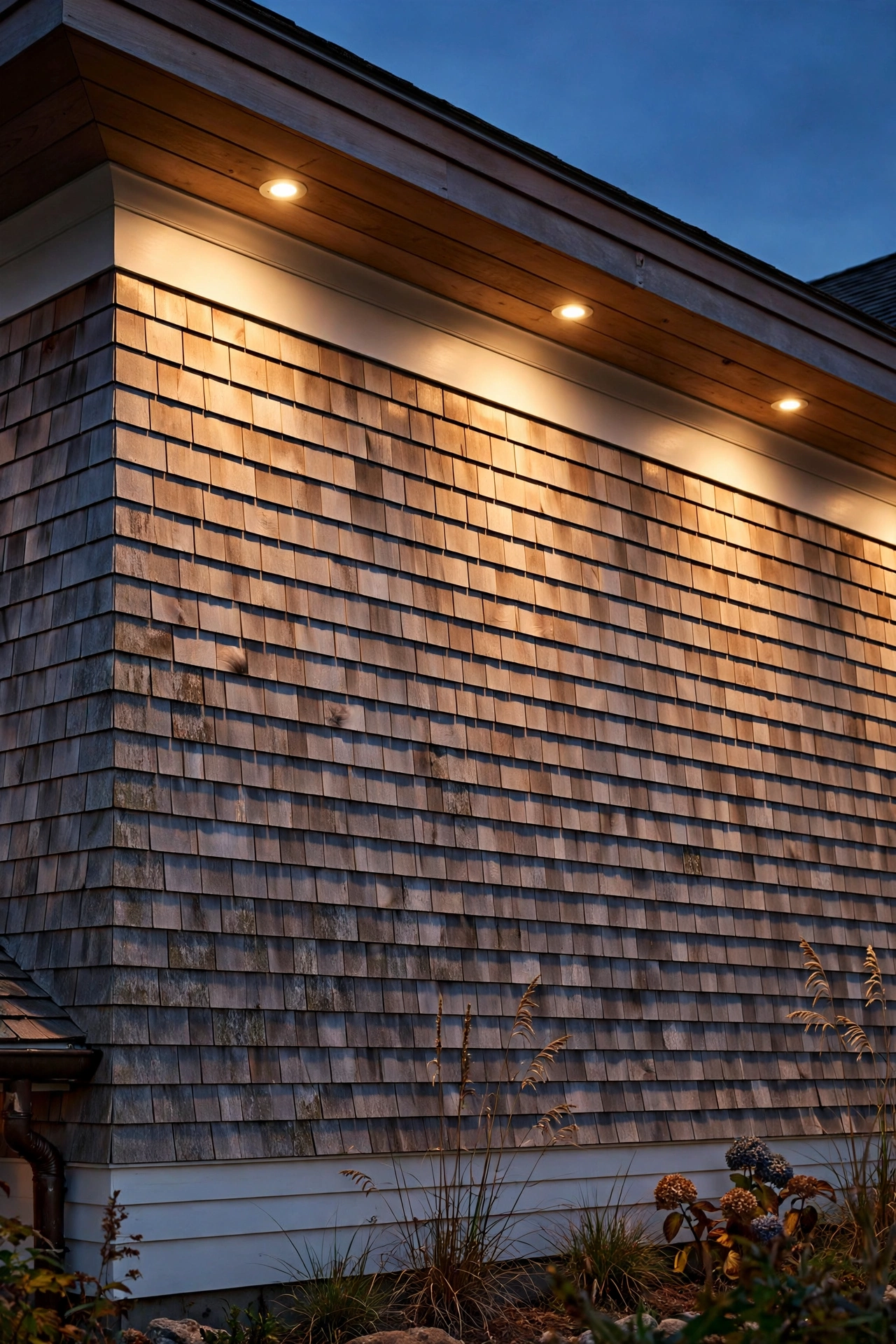 Warm recessed lights under coastal home eaves washing shingle siding in soft light