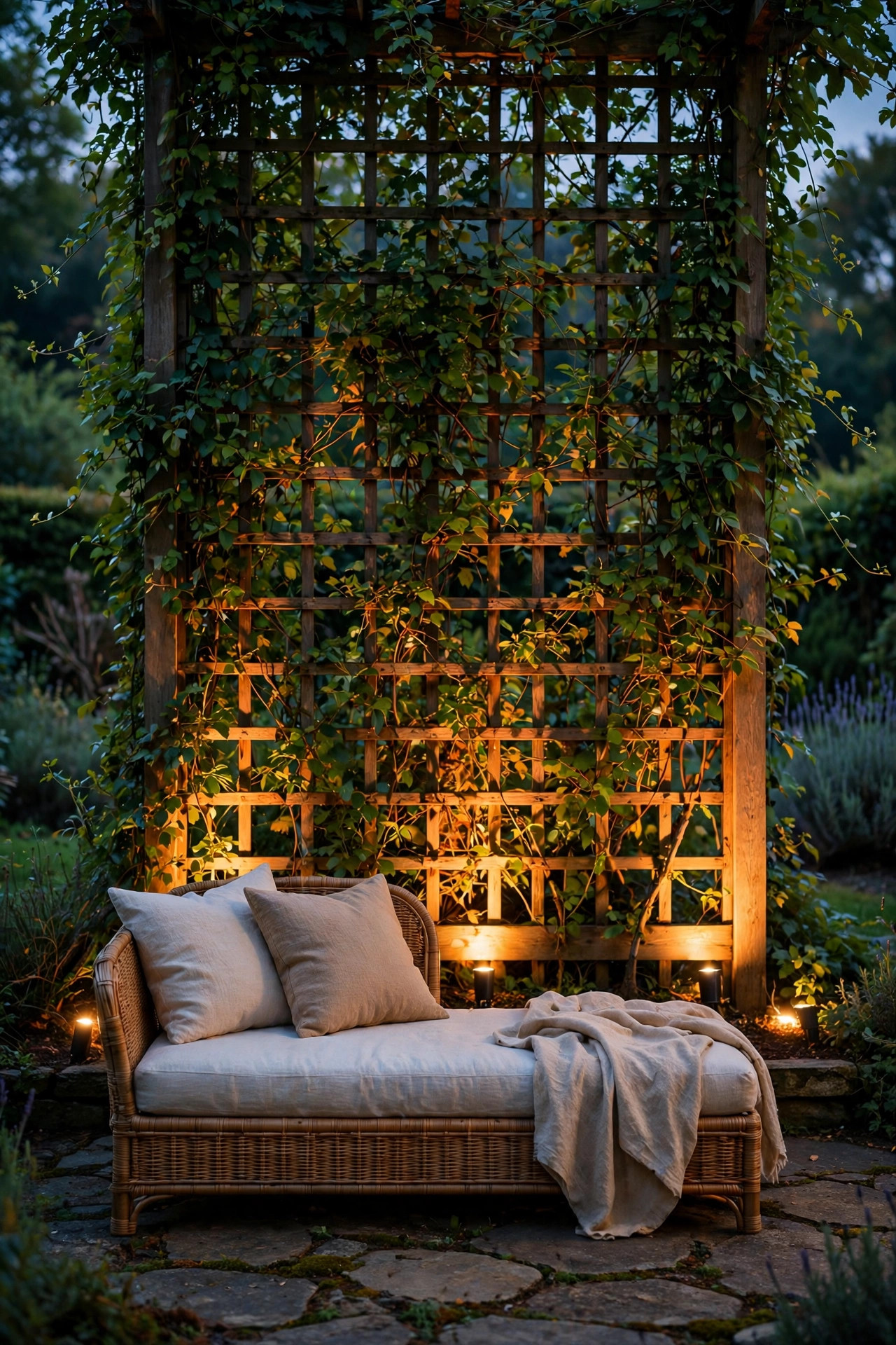 Low uplight washing a trellis and climbing vines behind a garden daybed