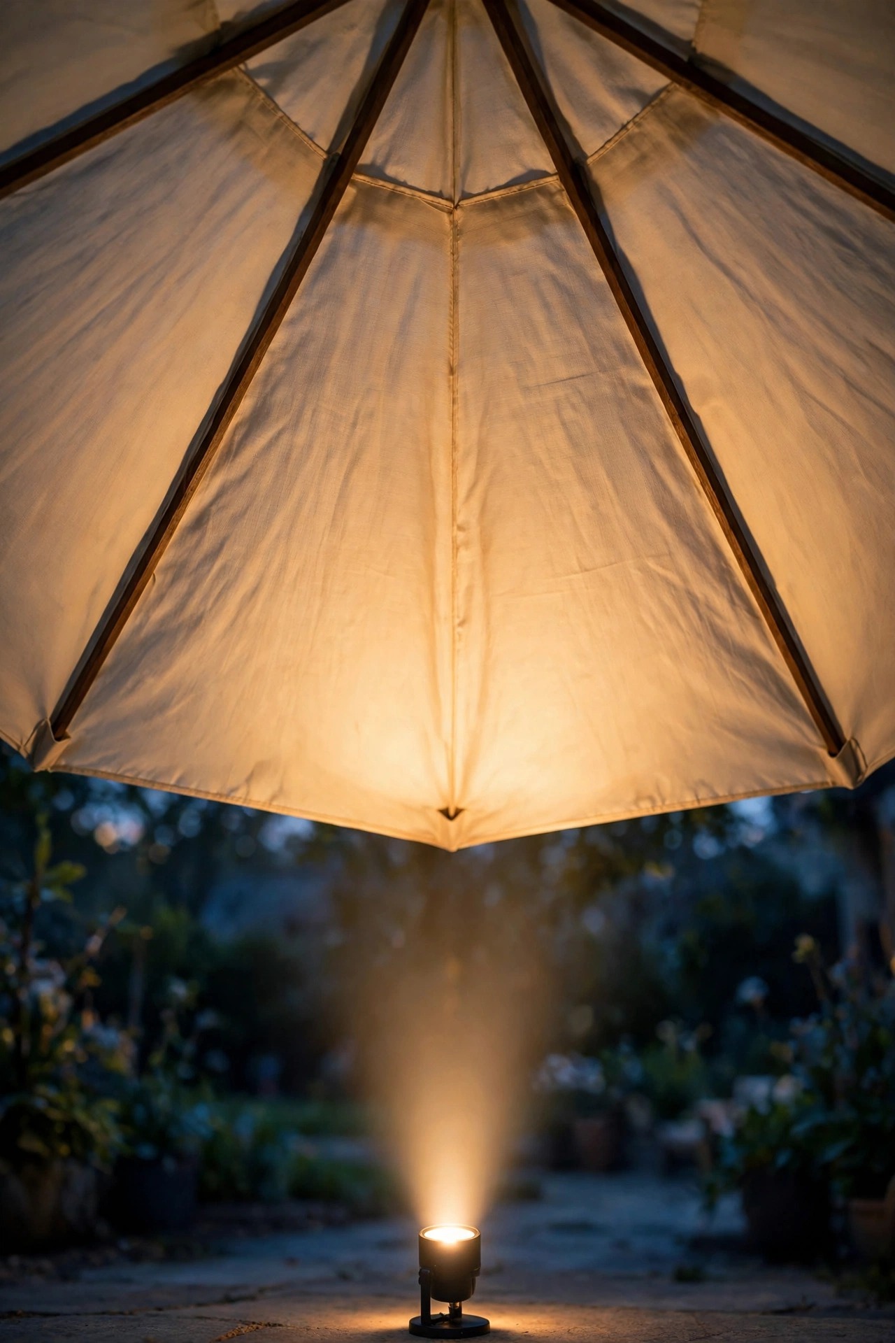 Single spotlight aimed upward into the underside of a cream patio umbrella canopy creating a soft lampshade glow