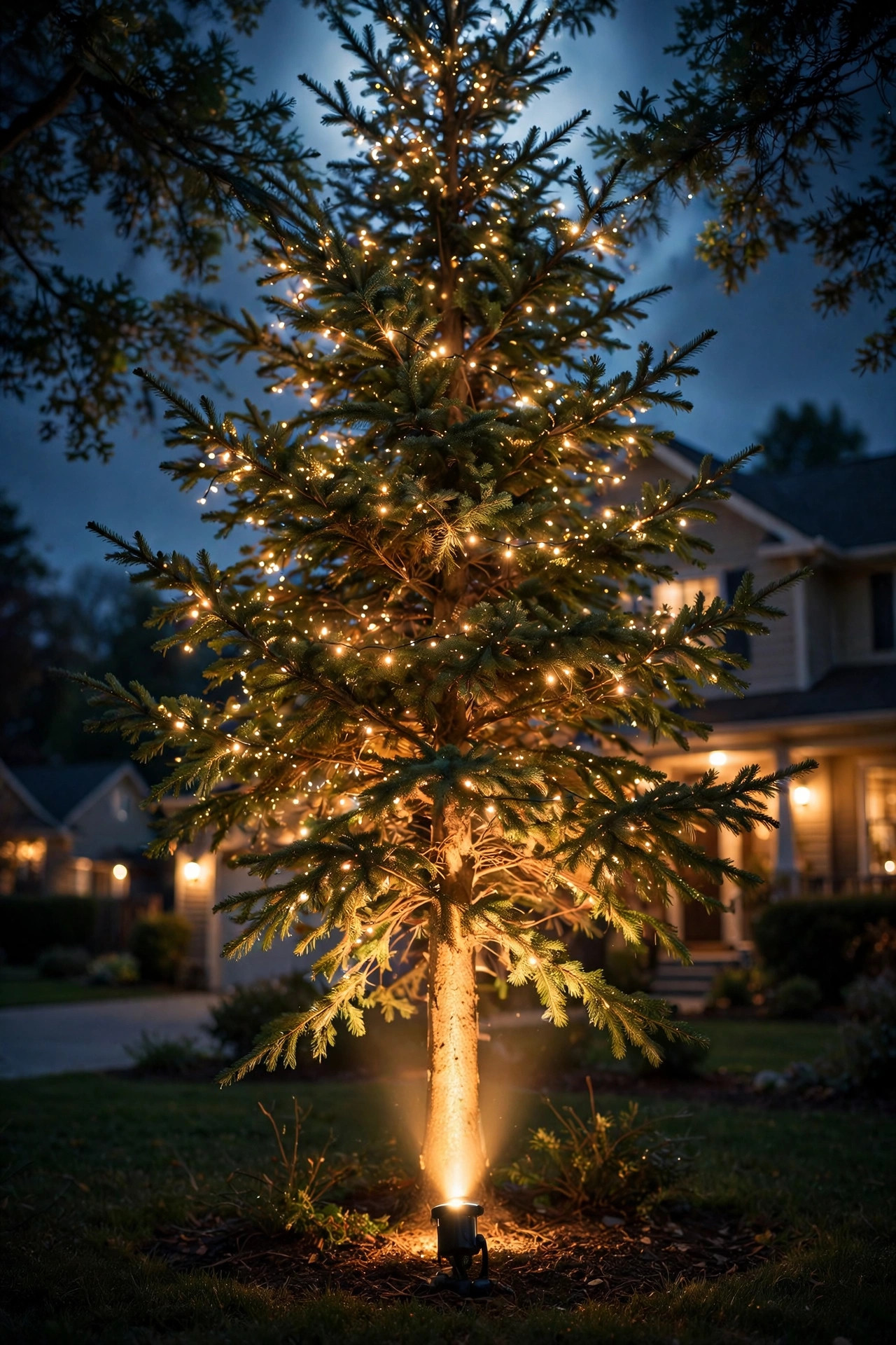 Warm spotlight uplighting a Christmas tree from below creating dramatic glow at night