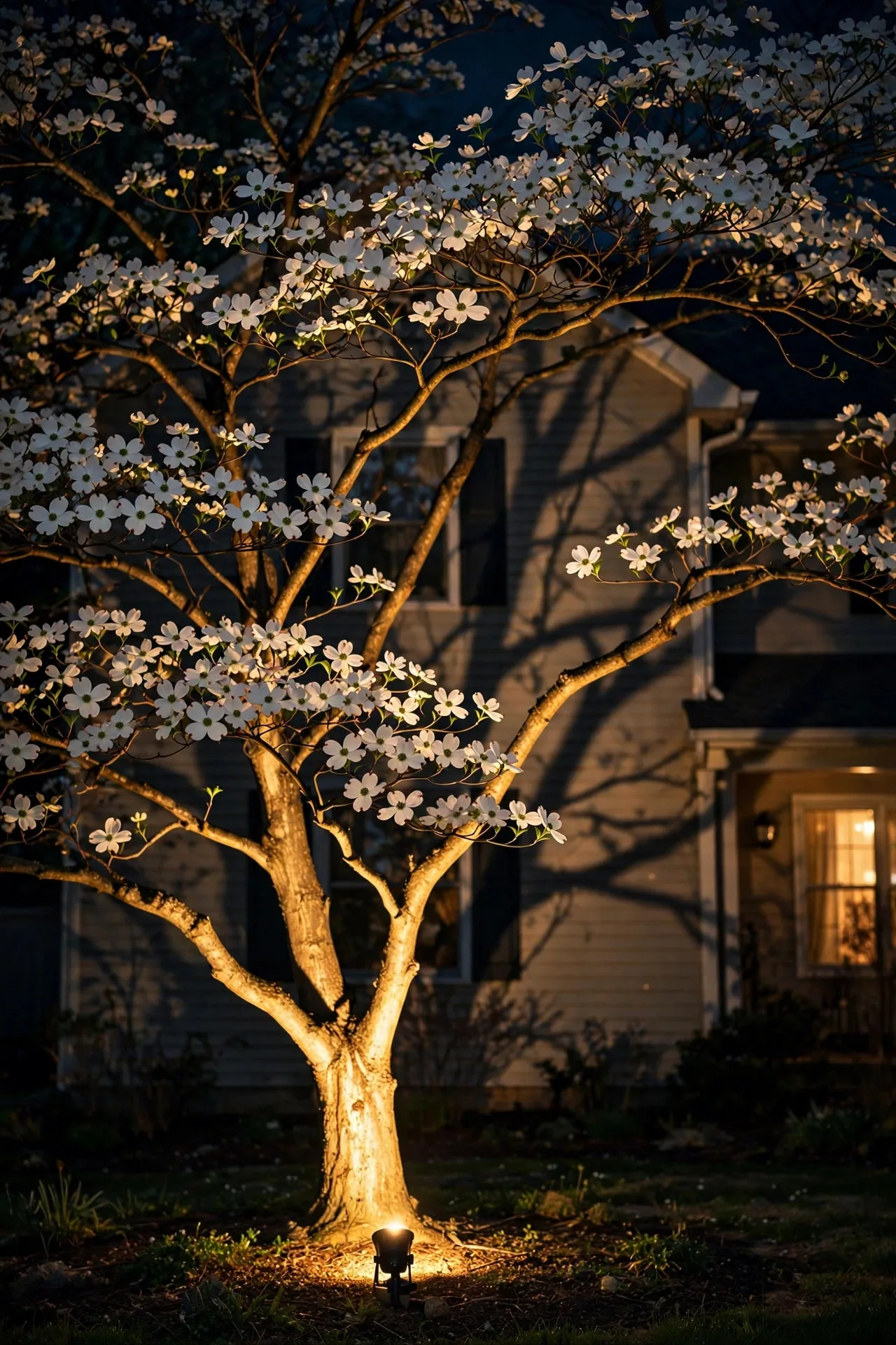 Warm spotlight uplighting a blooming dogwood tree at night in a front yard