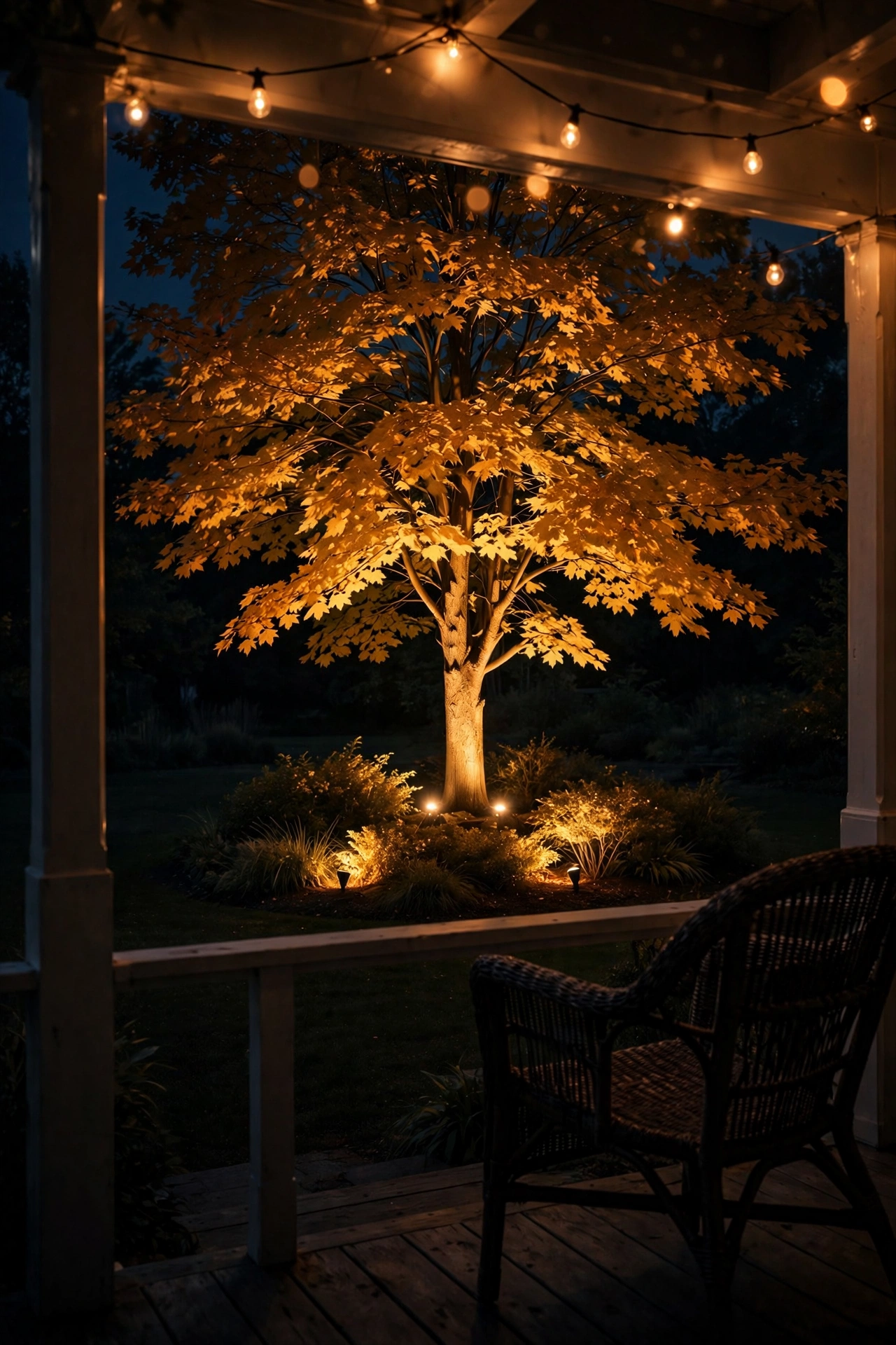 Warm spotlights up-lighting a tree and garden bed beyond a glowing back porch