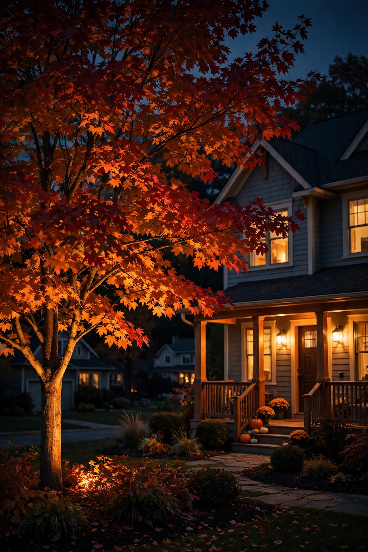 Front yard tree uplit in warm amber light with glowing porch in background