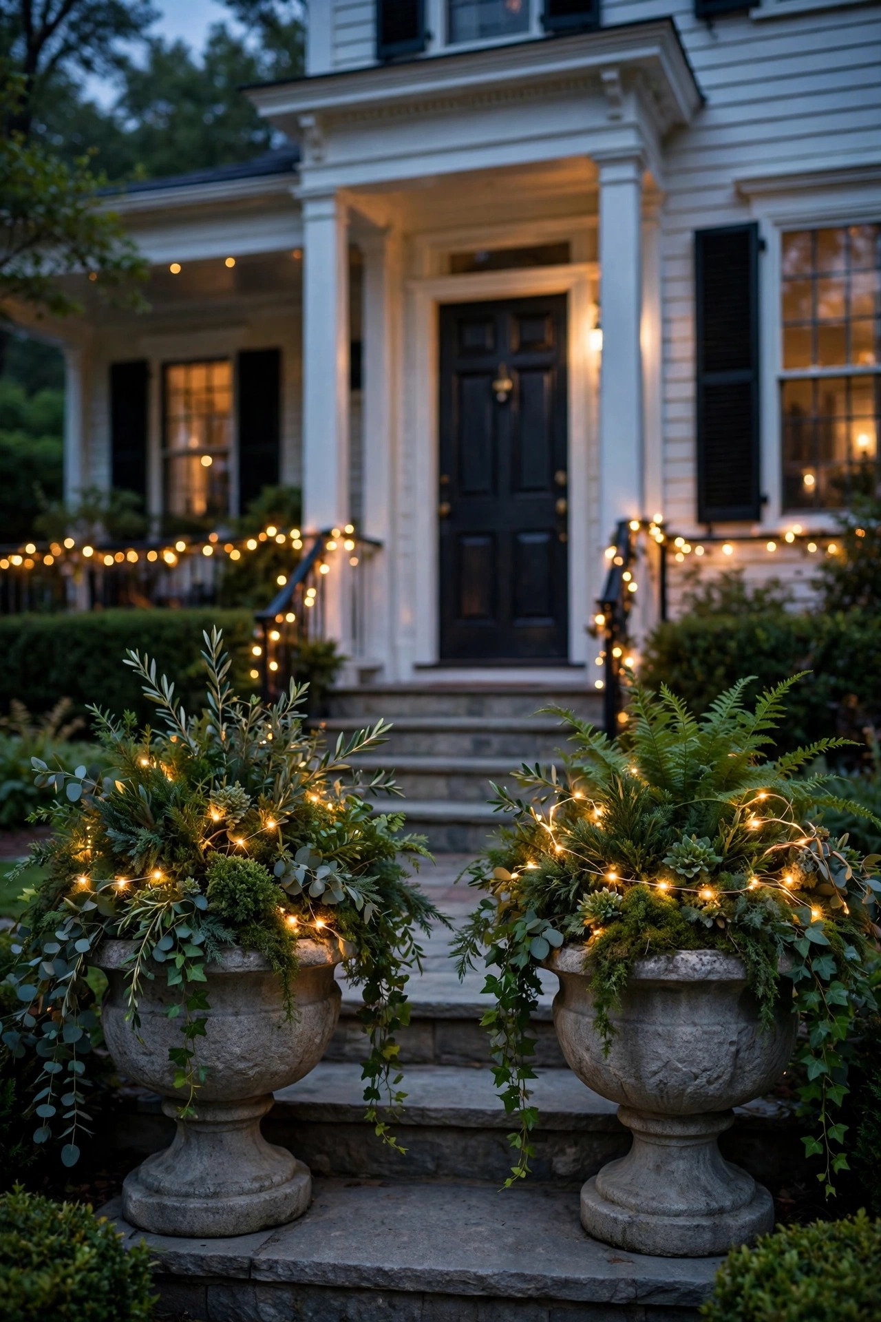 Two matching stone urn planters flanking colonial front steps, filled with greenery and warm fairy lights at dusk