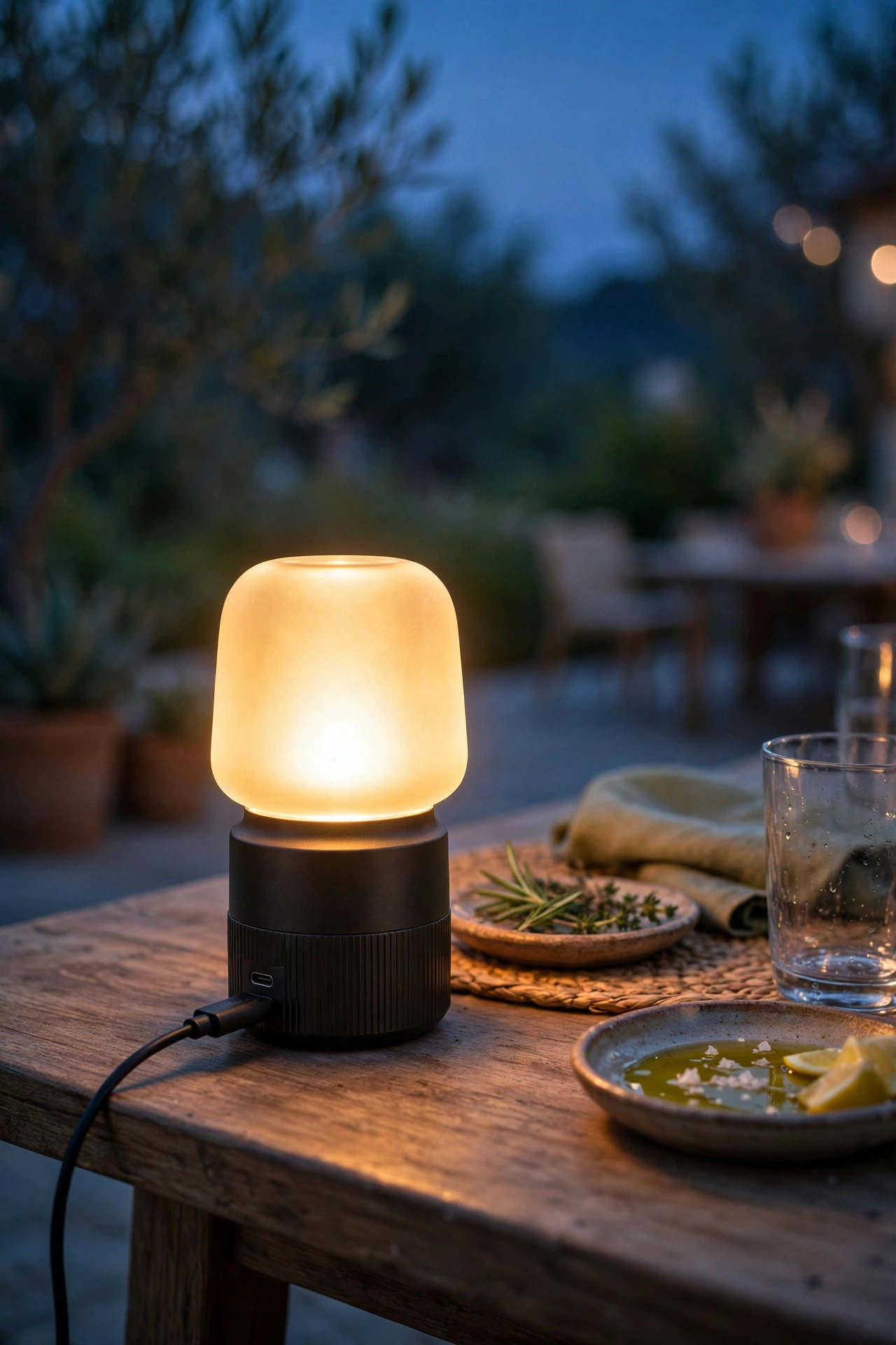Small USB rechargeable table lamp glowing warmly on an outdoor dining table at dusk