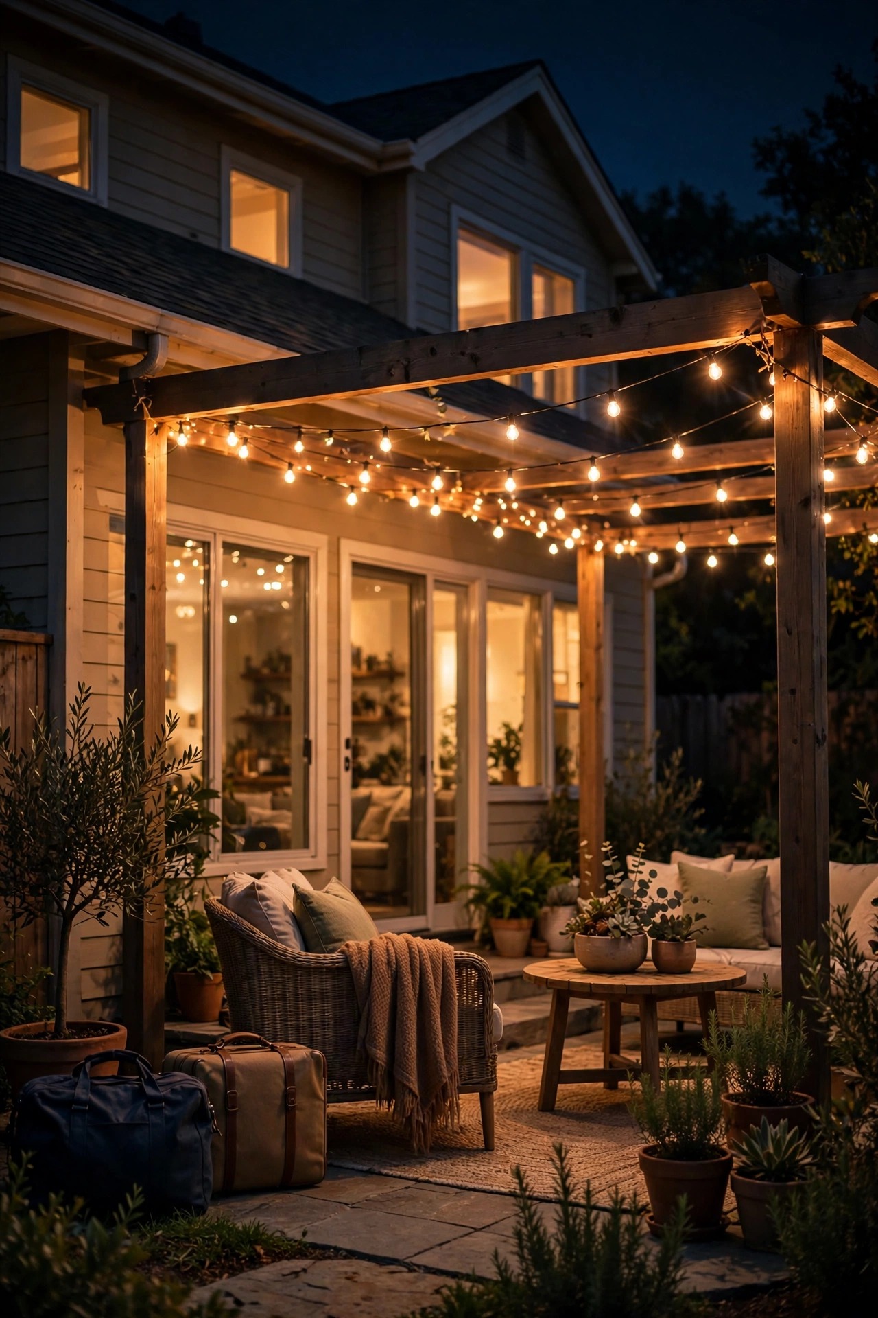 Backyard patio string lights glowing on a vacation schedule in front of a quiet house at night
