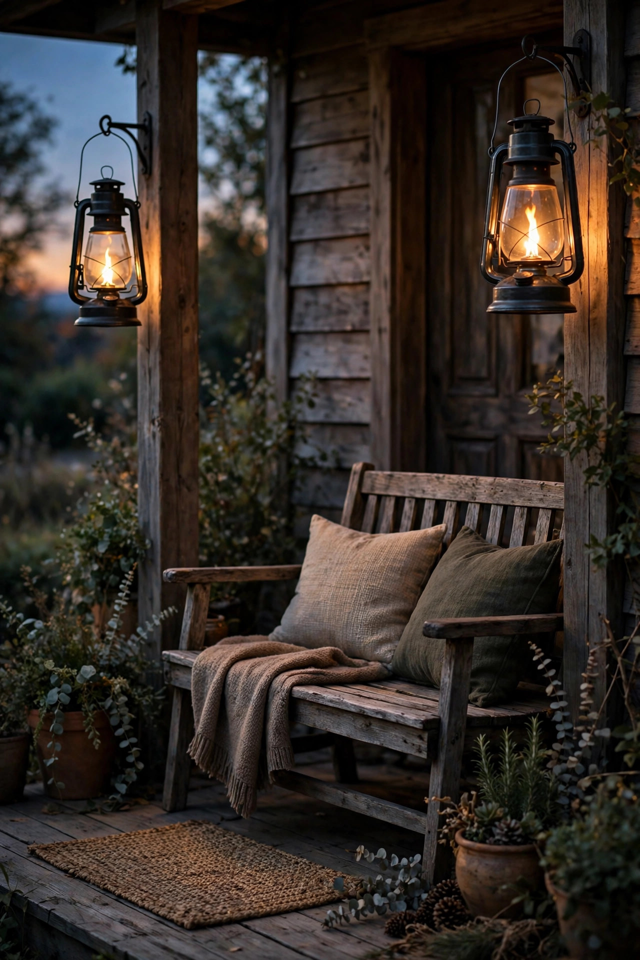 Rustic front porch with vintage black lanterns holding flickering flame effect bulbs beside a wooden bench at dusk