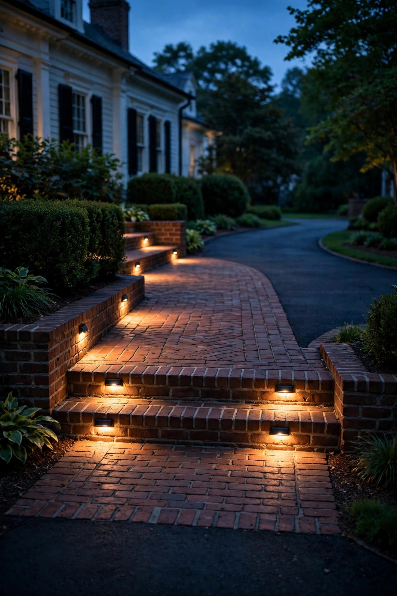 Low shielded step lights washing the crossing where a brick front walk meets a colonial driveway at dusk