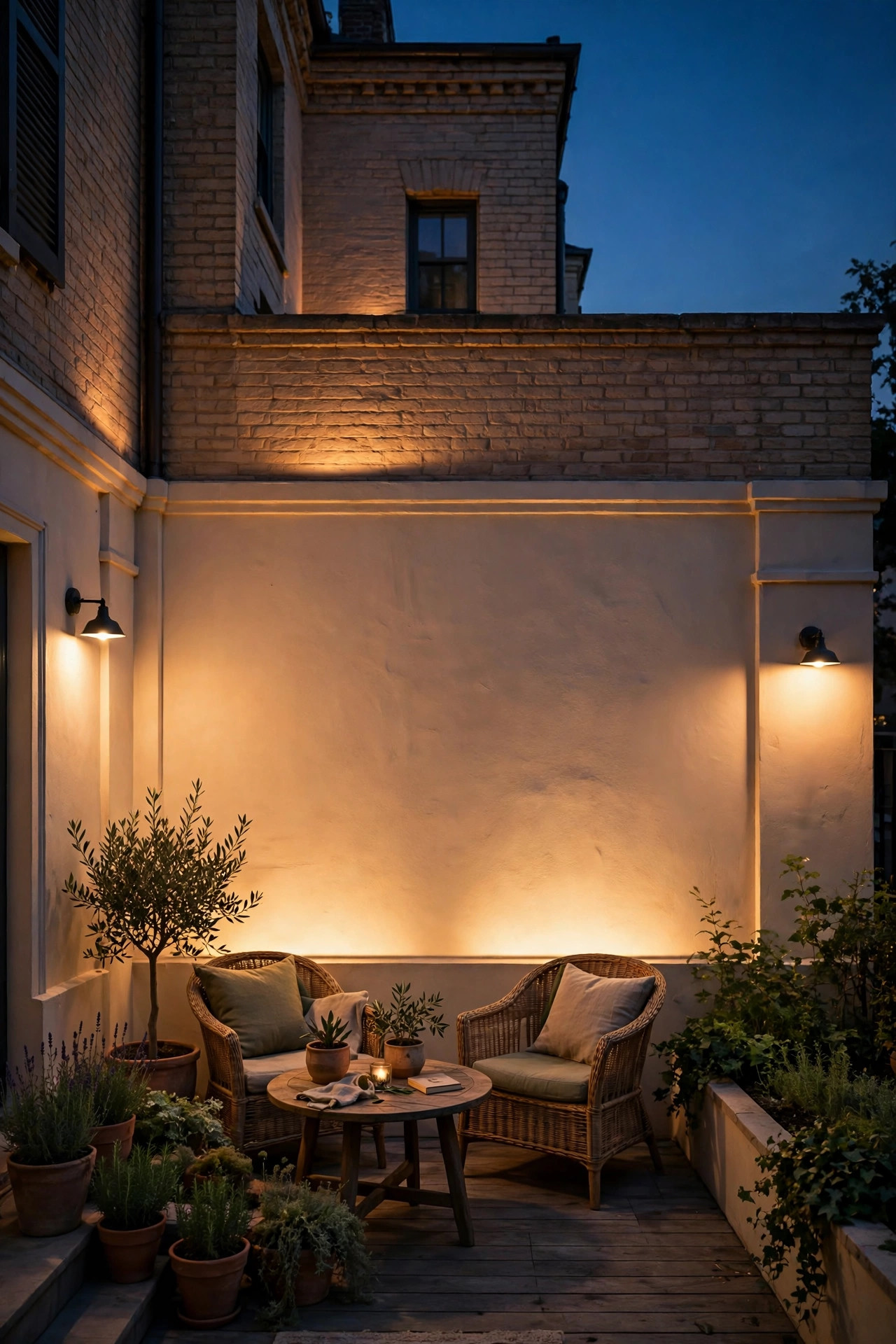 Soft warm light washing up the back wall of a townhome above a small patio seating area