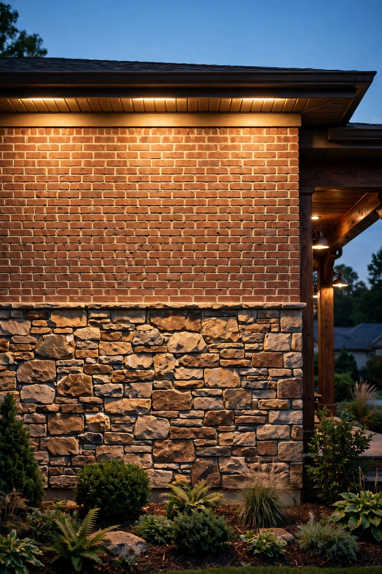 Wide wall wash lighting bathing a stone veneer and brick porch wall in even warm light