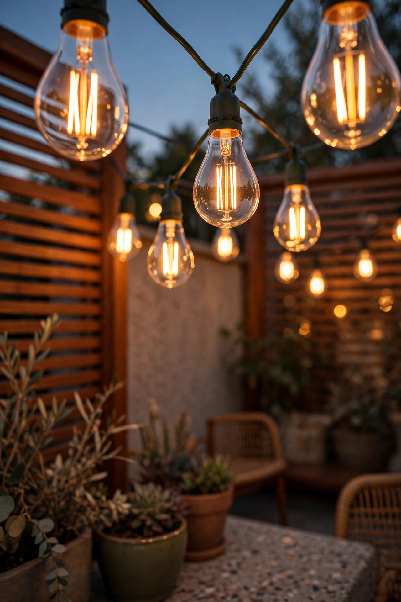 Close view of warm 2700K LED filament bulbs glowing the same amber tone across a mid-century patio at dusk