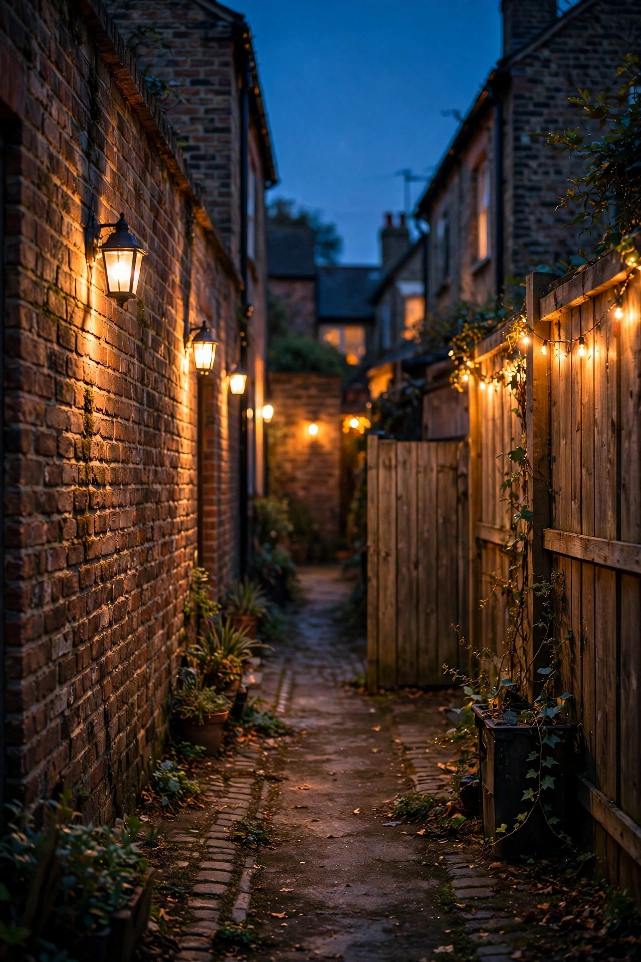 Warm 2700K lighting along a residential rear lane at dusk, cozy golden glow on brick walls and wood fencing