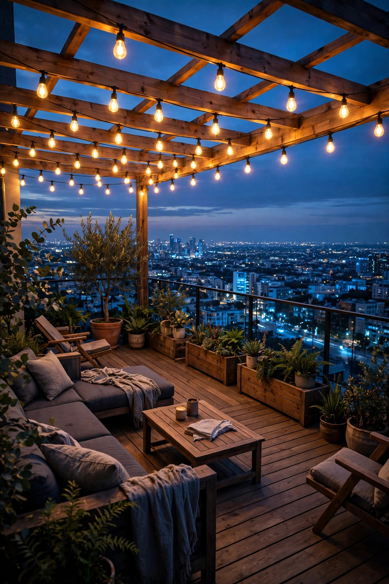Rooftop deck glowing in uniform warm 2700K light at dusk, contrasting with the cool blue city lights below