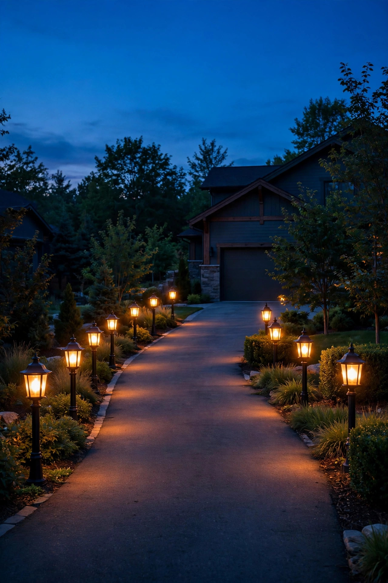 Driveway lanterns all glowing in one consistent warm amber color temperature at dusk