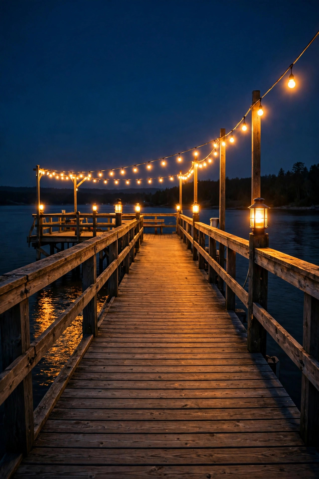 Wooden pier at night lit entirely in warm 2700K golden light, every fixture glowing the same cozy amber tone over the water