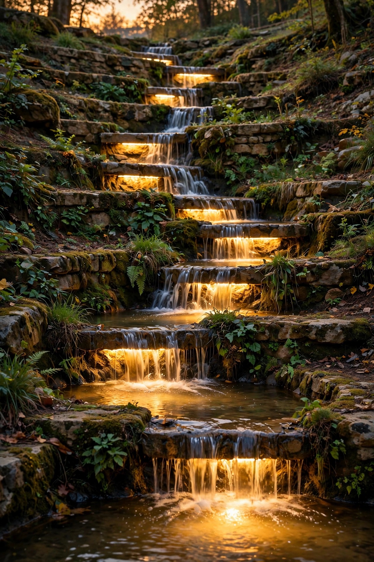 Small waterfall stepping down a terraced slope glowing with underwater lights