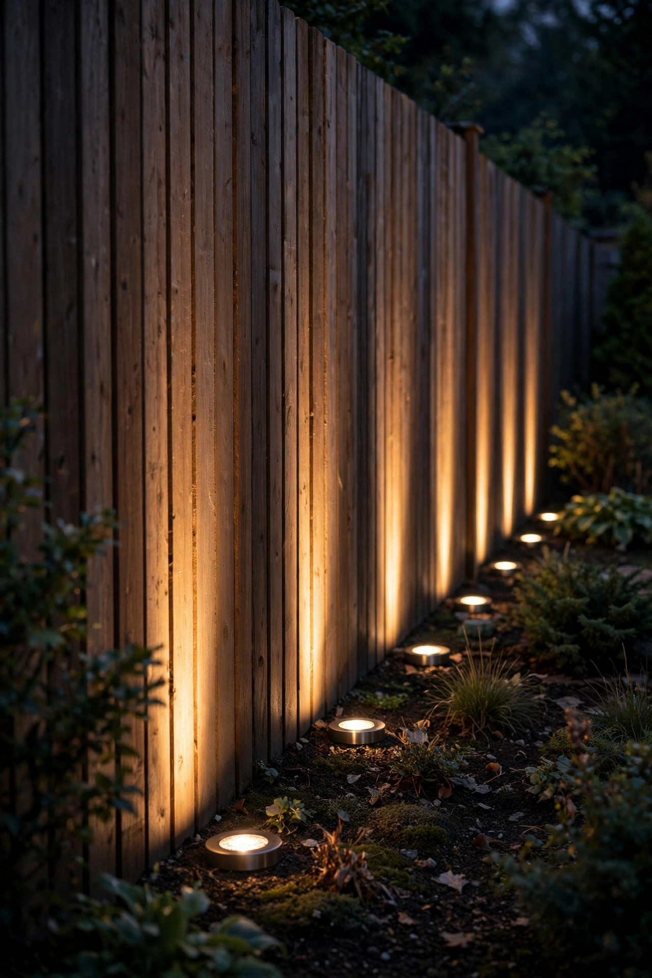In-ground well lights flush at the base of a long fence throwing clean narrow beams up the boards at night