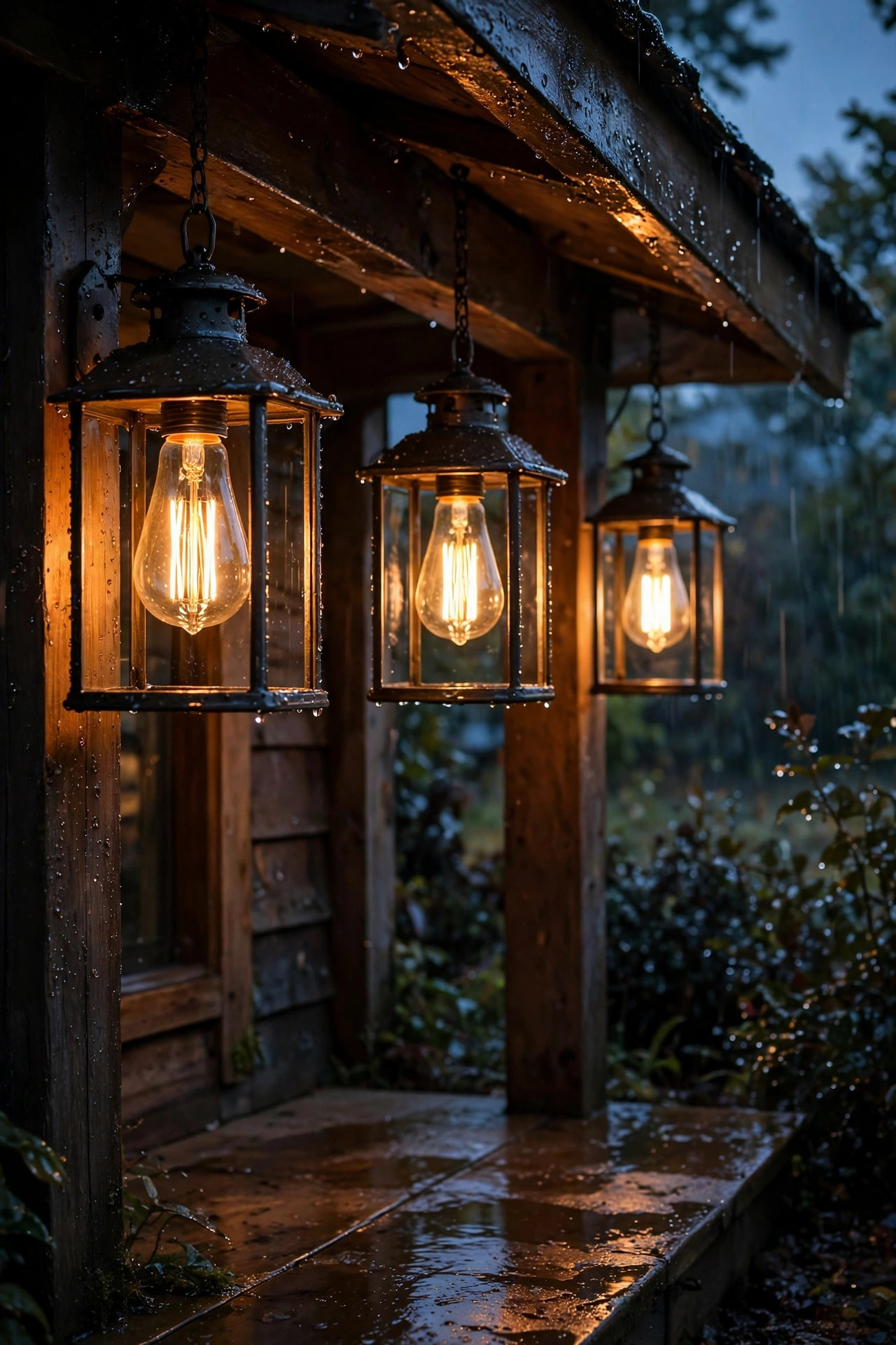 Wet-location rated vintage filament bulbs glowing in open porch lanterns after a light rain at dusk
