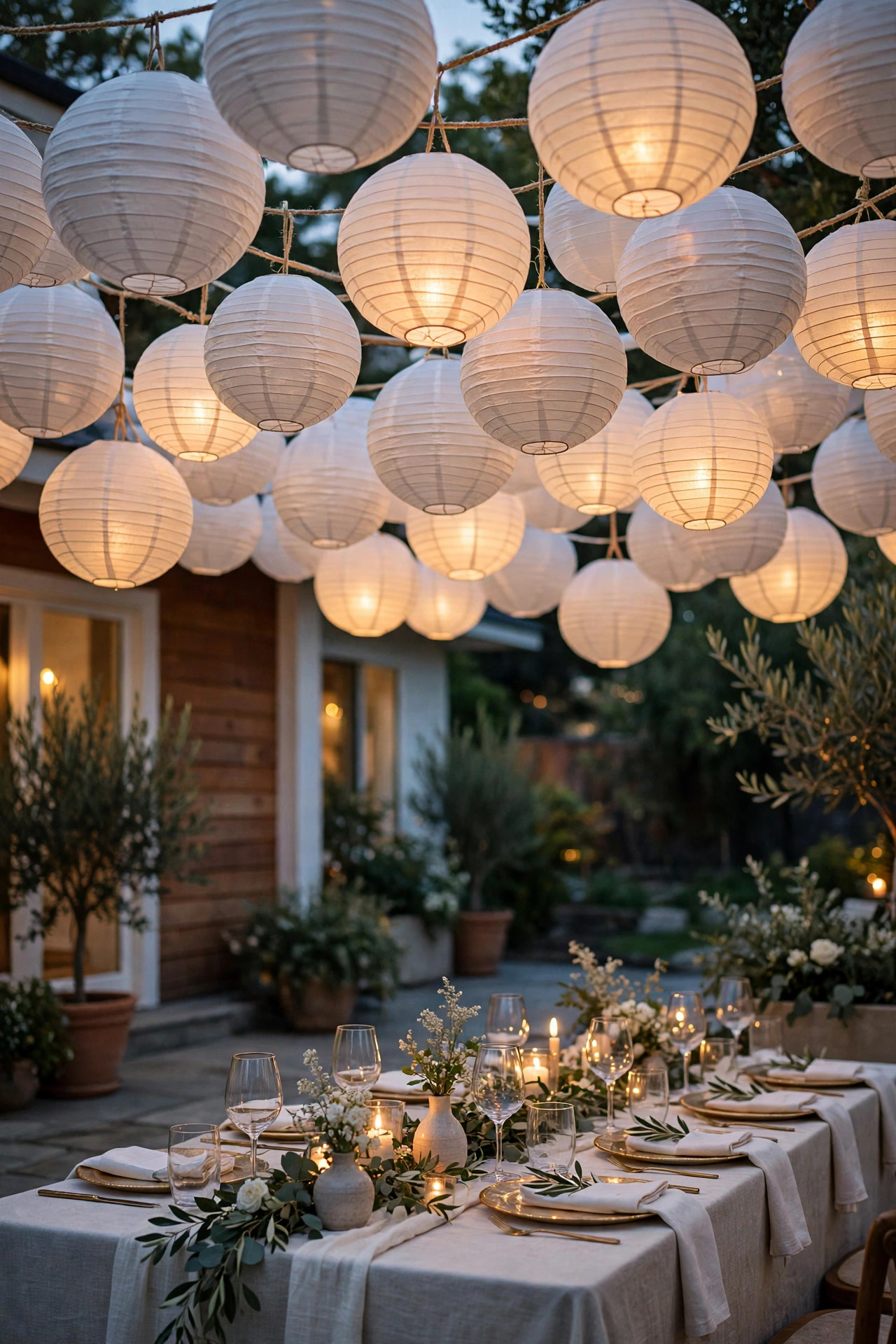 Layered all-white paper lantern canopy in mixed sizes over a wedding reception table