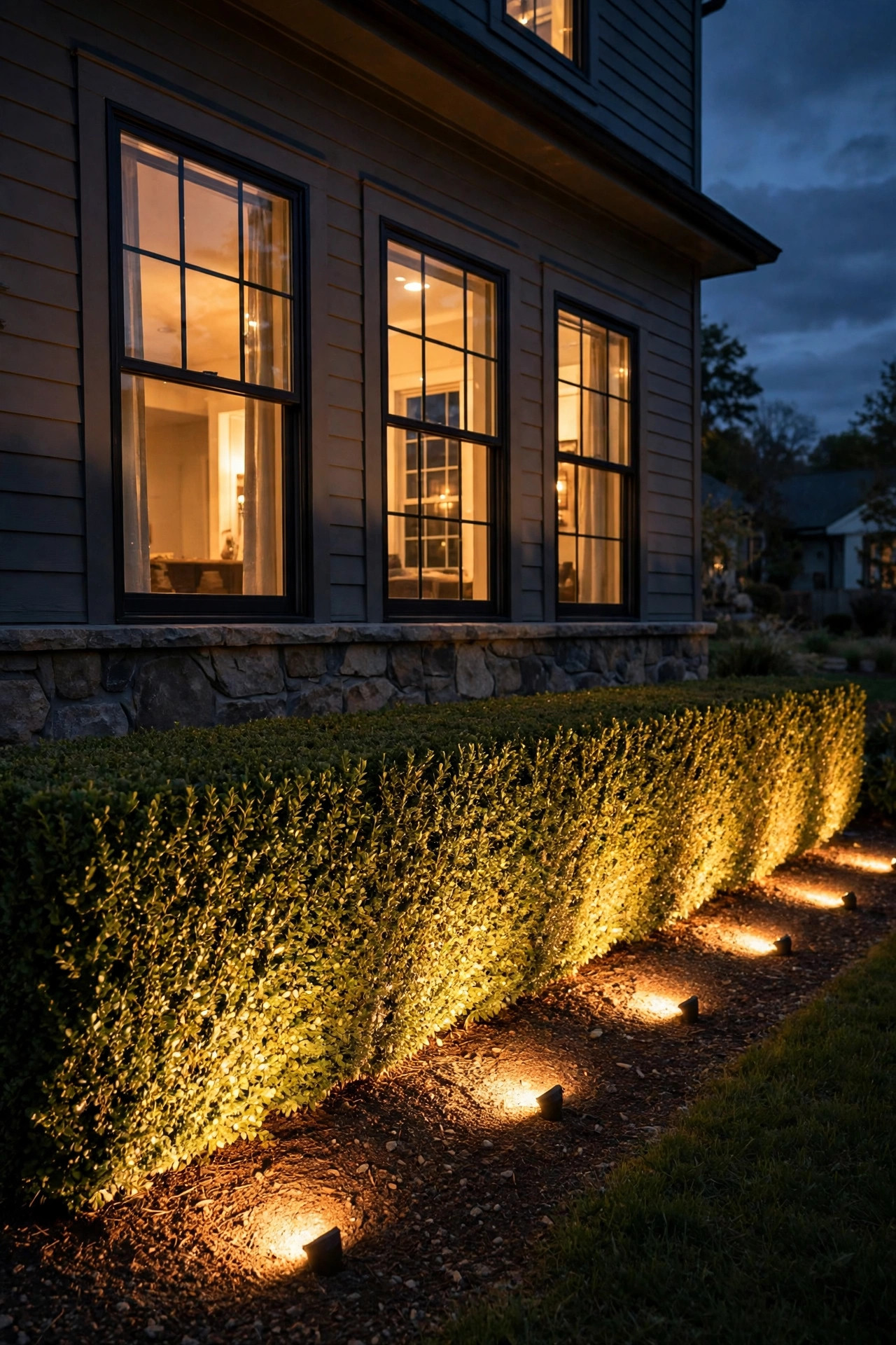 Even wide-beam light washing along a long low boxwood hedge under front windows of a home at dusk