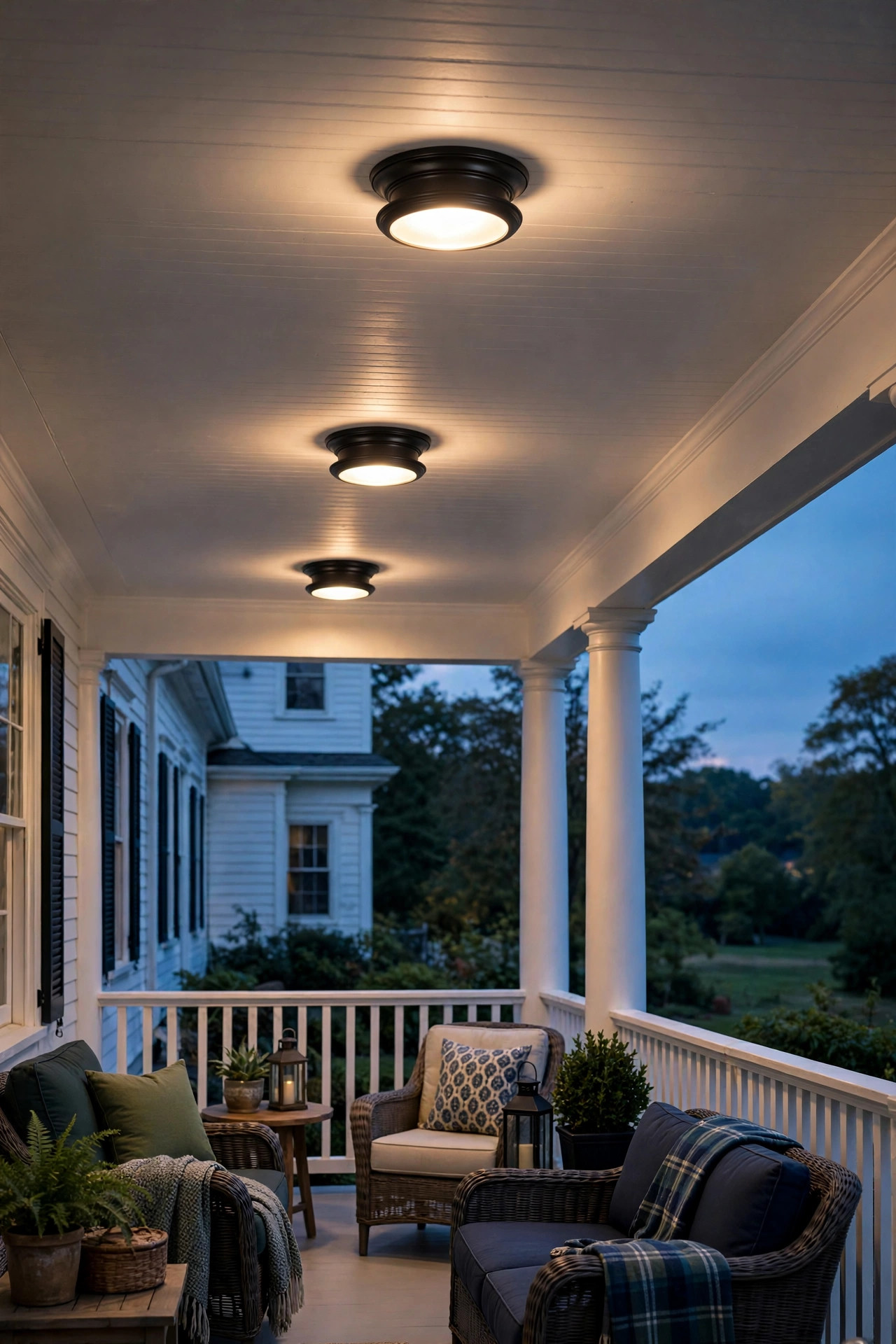 Row of three matching flush mount porch ceiling lights on wide porch