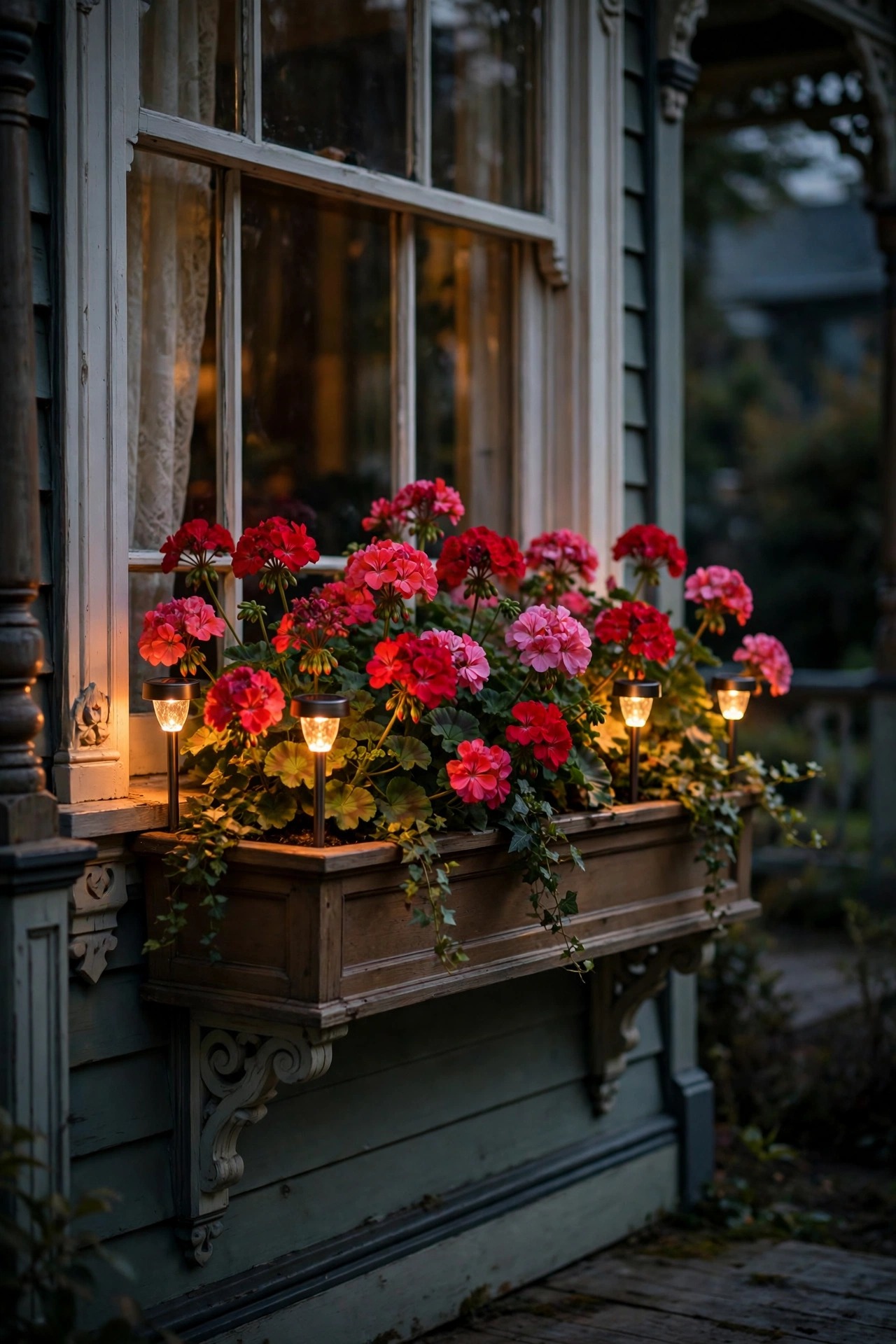 Victorian porch window box with geraniums softly lit by small warm solar stakes at dusk