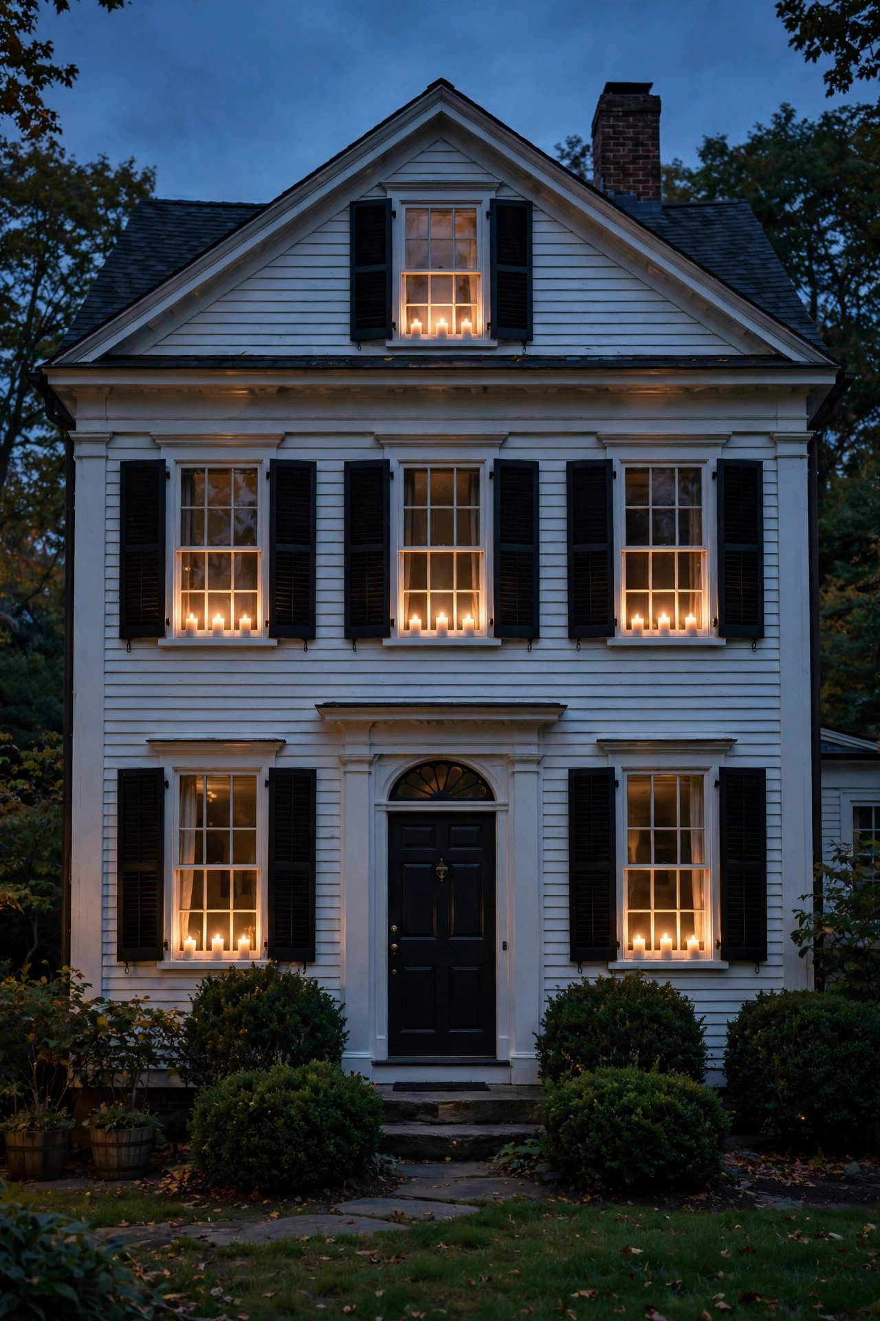 Row of glowing electric window candles in the front windows of a colonial home at dusk