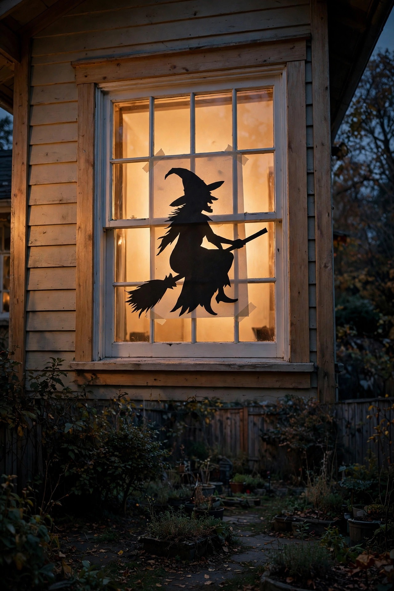 Creepy witch silhouette backlit in a house window overlooking a backyard