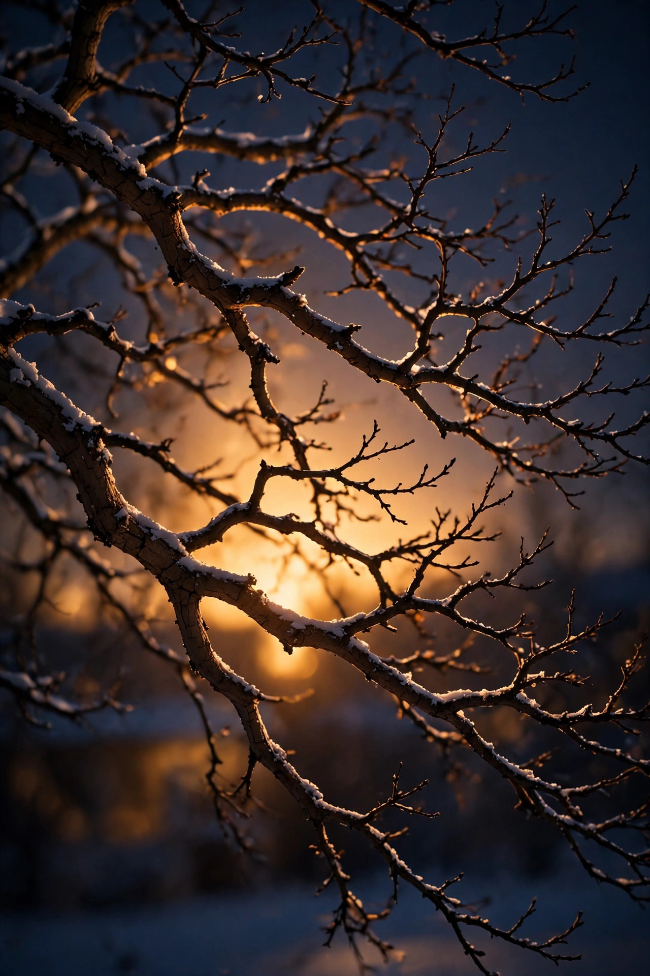 Bare oak branches in winter silhouetted against a warm backlight glow at night, light snow resting on the limbs