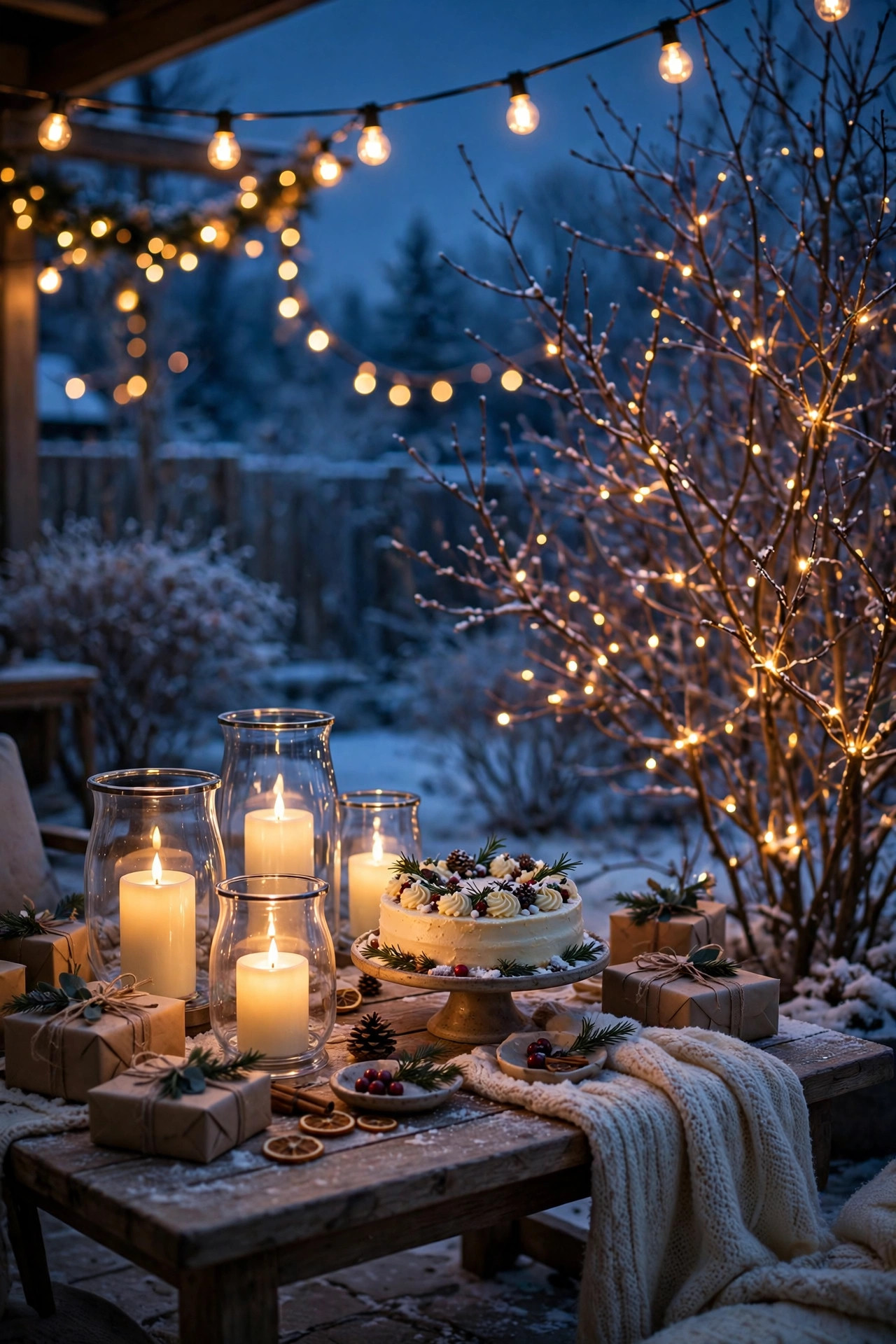 Winter birthday gathering with warm string lights, flameless candle hurricanes and fairy lights in a bare shrub at blue dusk