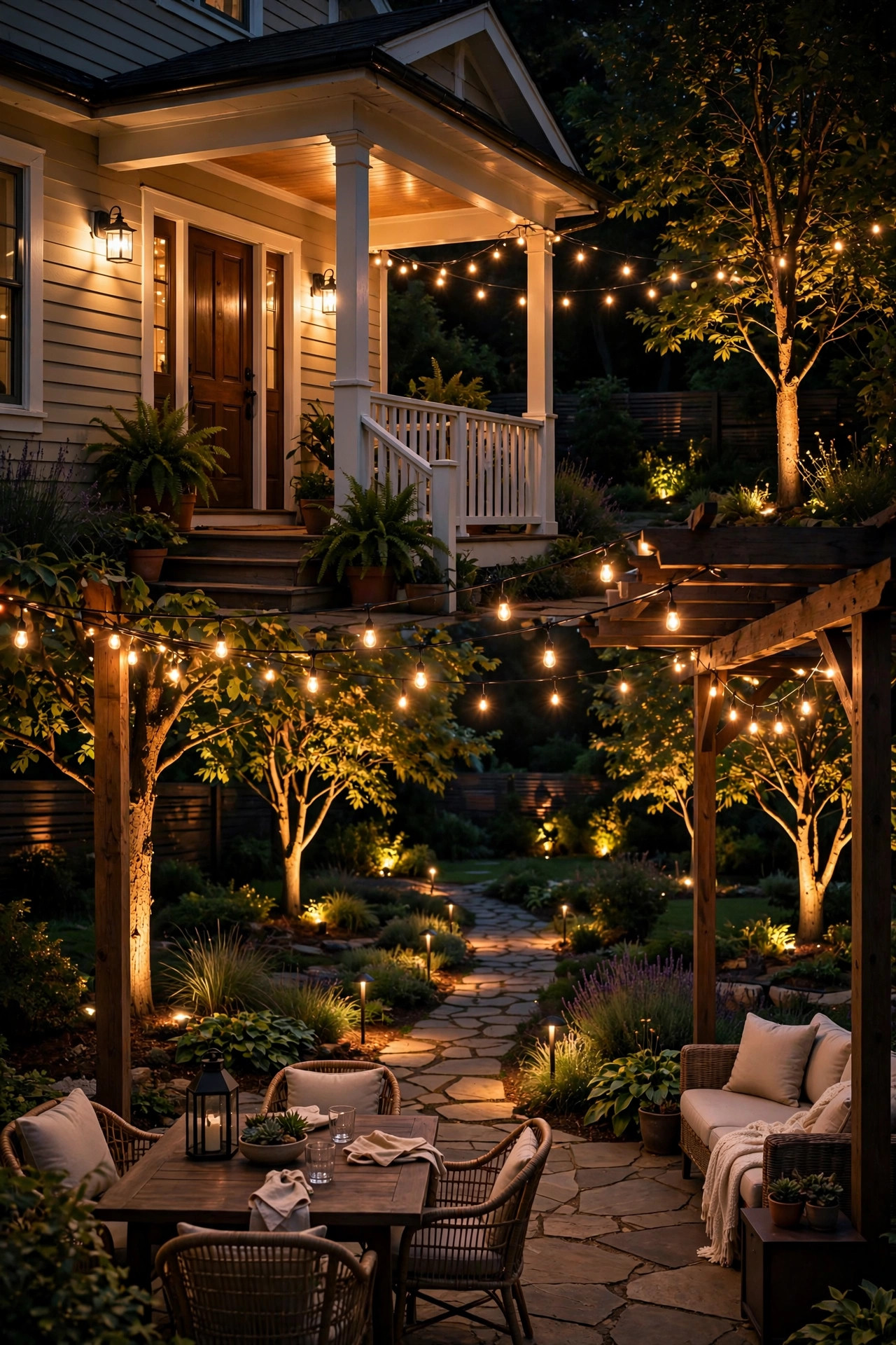 Backyard at night with warm 2700K lighting zones on porch, pathways, patio string lights, and landscape uplights