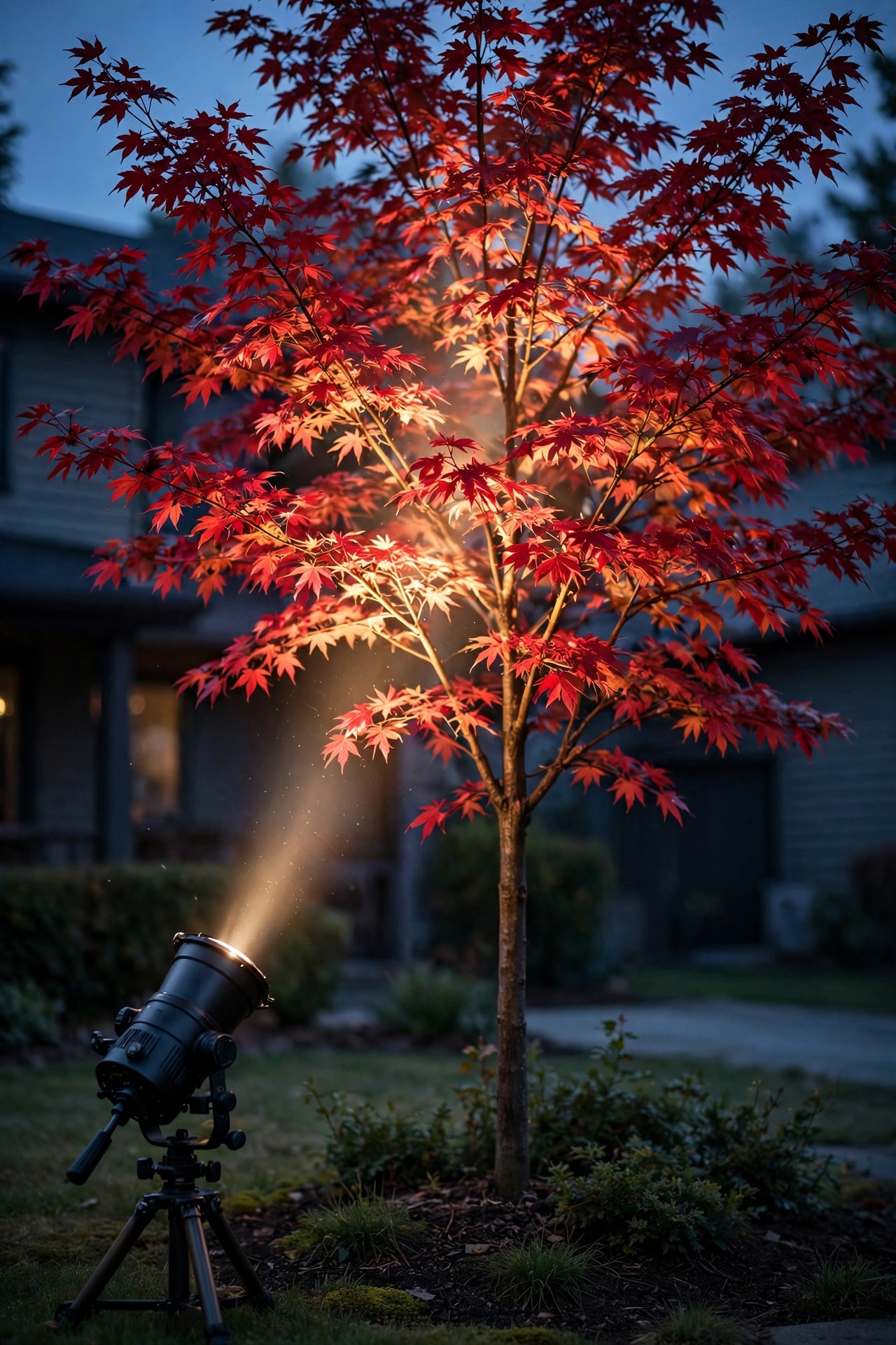 Adjustable zoom spotlight aiming a narrow beam into the canopy of a young red maple tree in a front yard at dusk