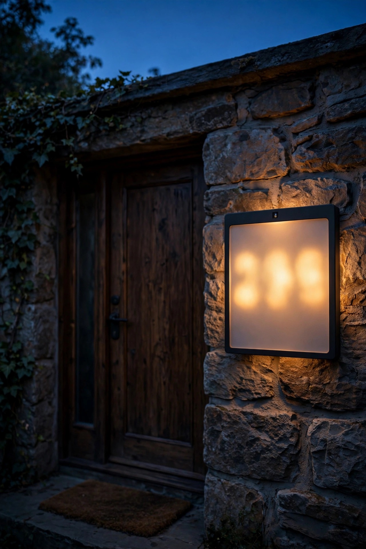 Backlit house number plaque glowing softly beside a front door at dusk, switched on by its own small photocell