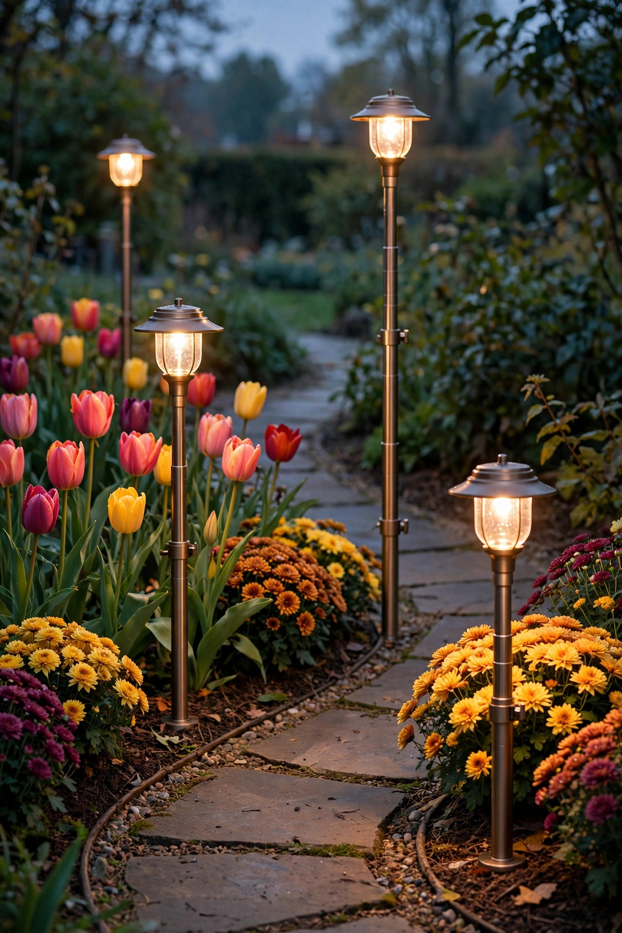 Adjustable telescoping path lights at different heights among seasonal tulips and mums beside a garden path