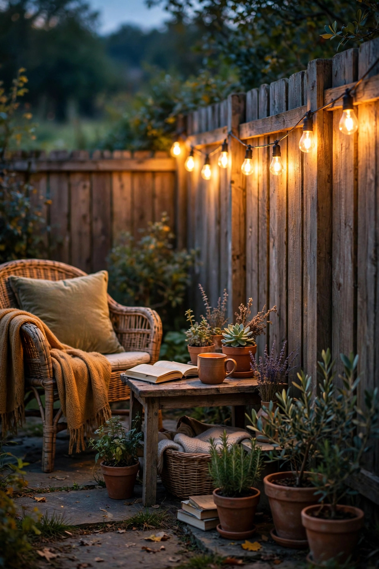 Amber-toned bulbs glowing along a fence near a reading nook, warm golden light with a calm insect-free feel