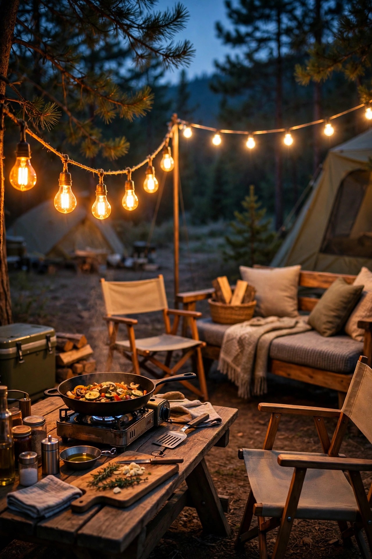 Amber-toned lights glowing over a campsite cooking area while warm white lights glow over the seating nearby