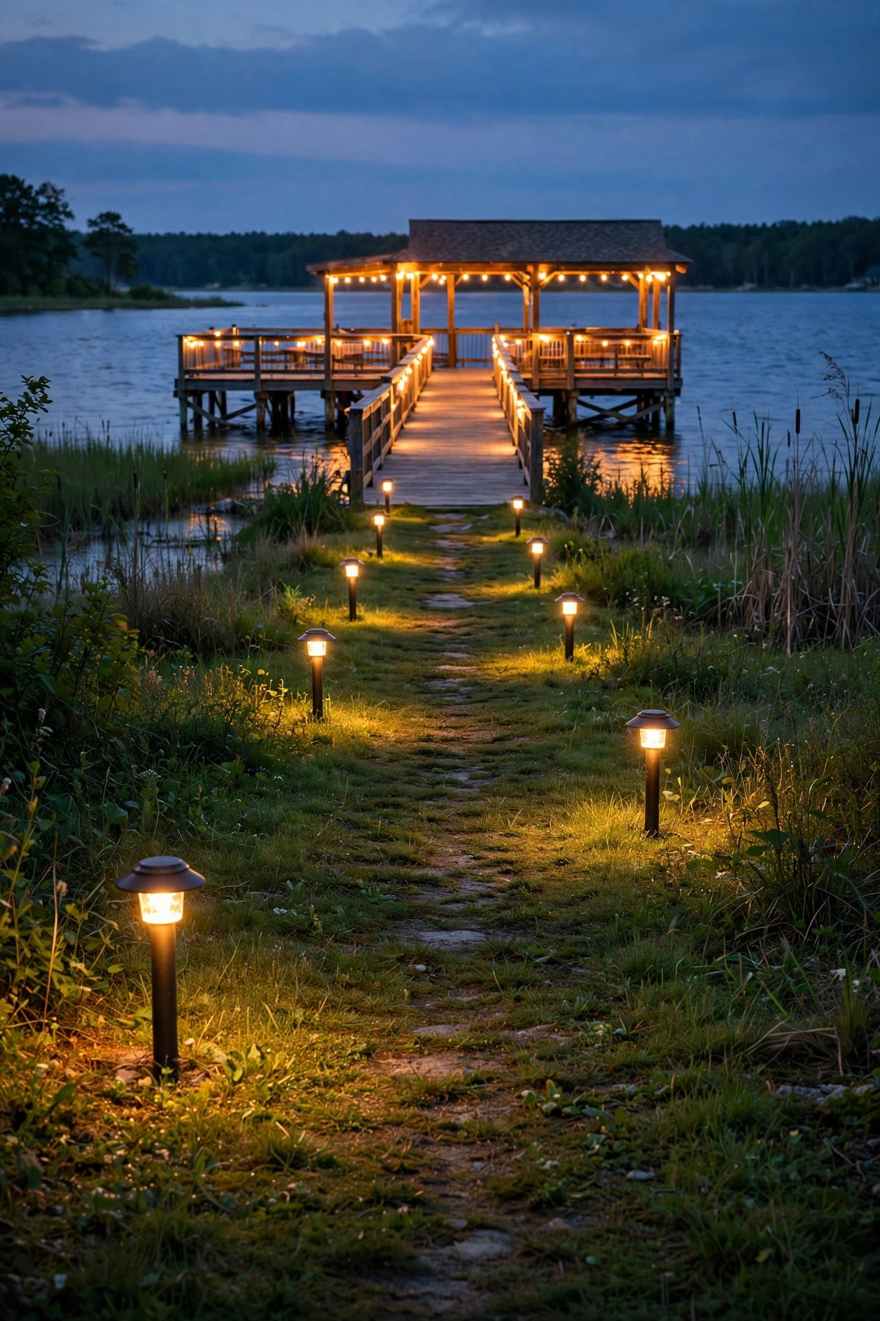 Warm path lights alternating along a grassy shore path leading toward a glowing wooden pier and boardwalk at dusk