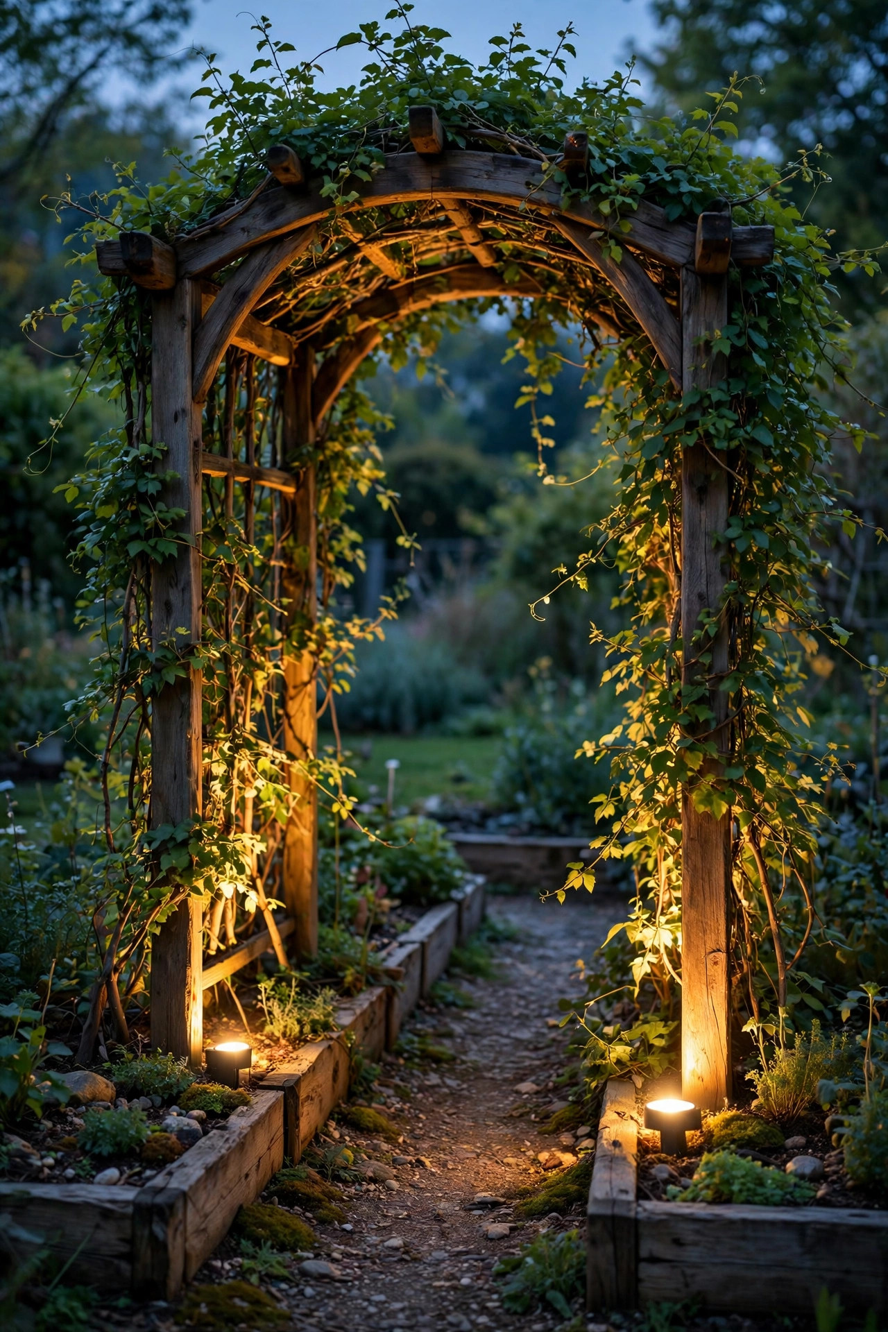 Garden arch over a raised bed path lit from below by two warm uplights shining through climbing vines