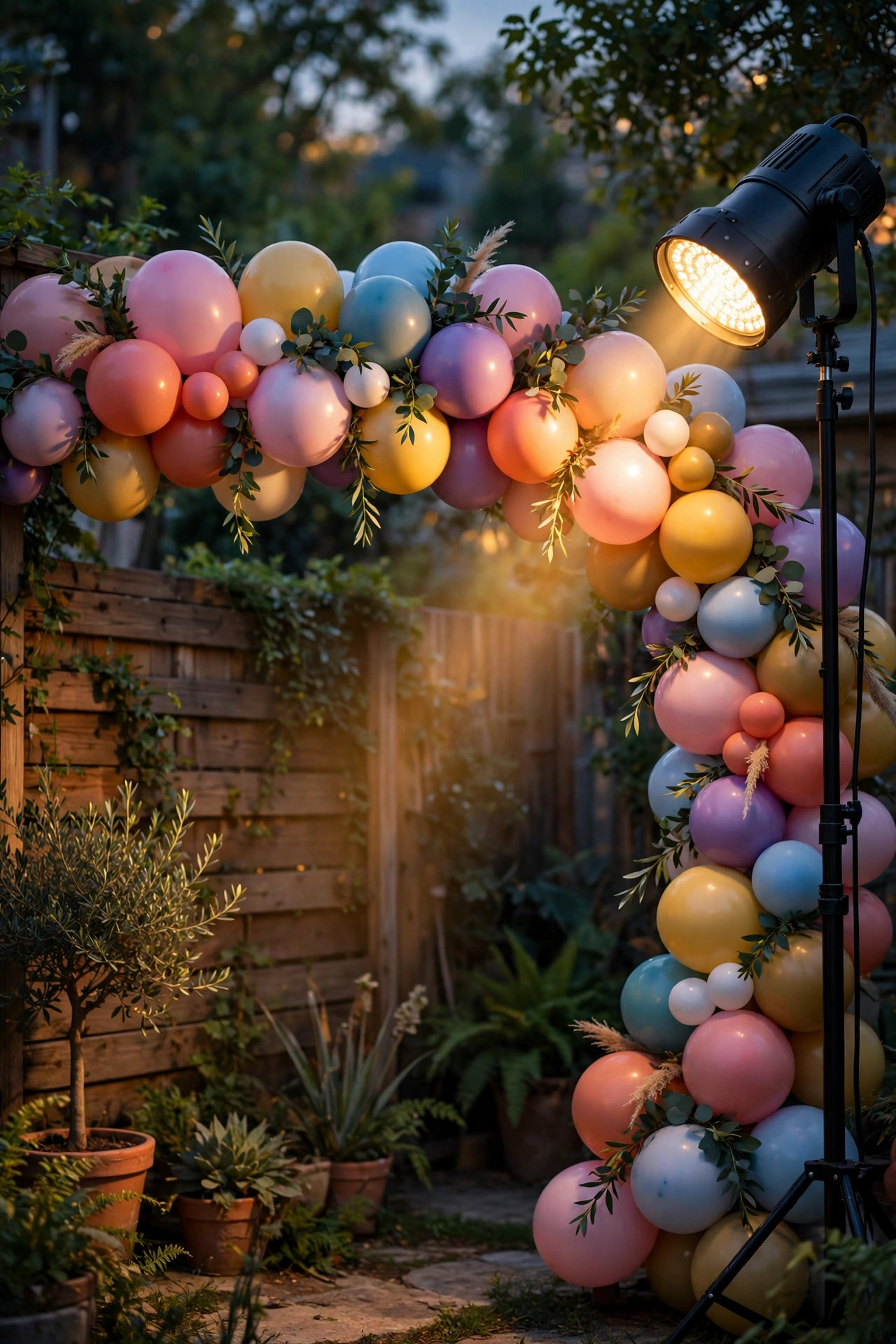 LED spotlight angled across a colorful balloon garland arch over a backyard photo backdrop