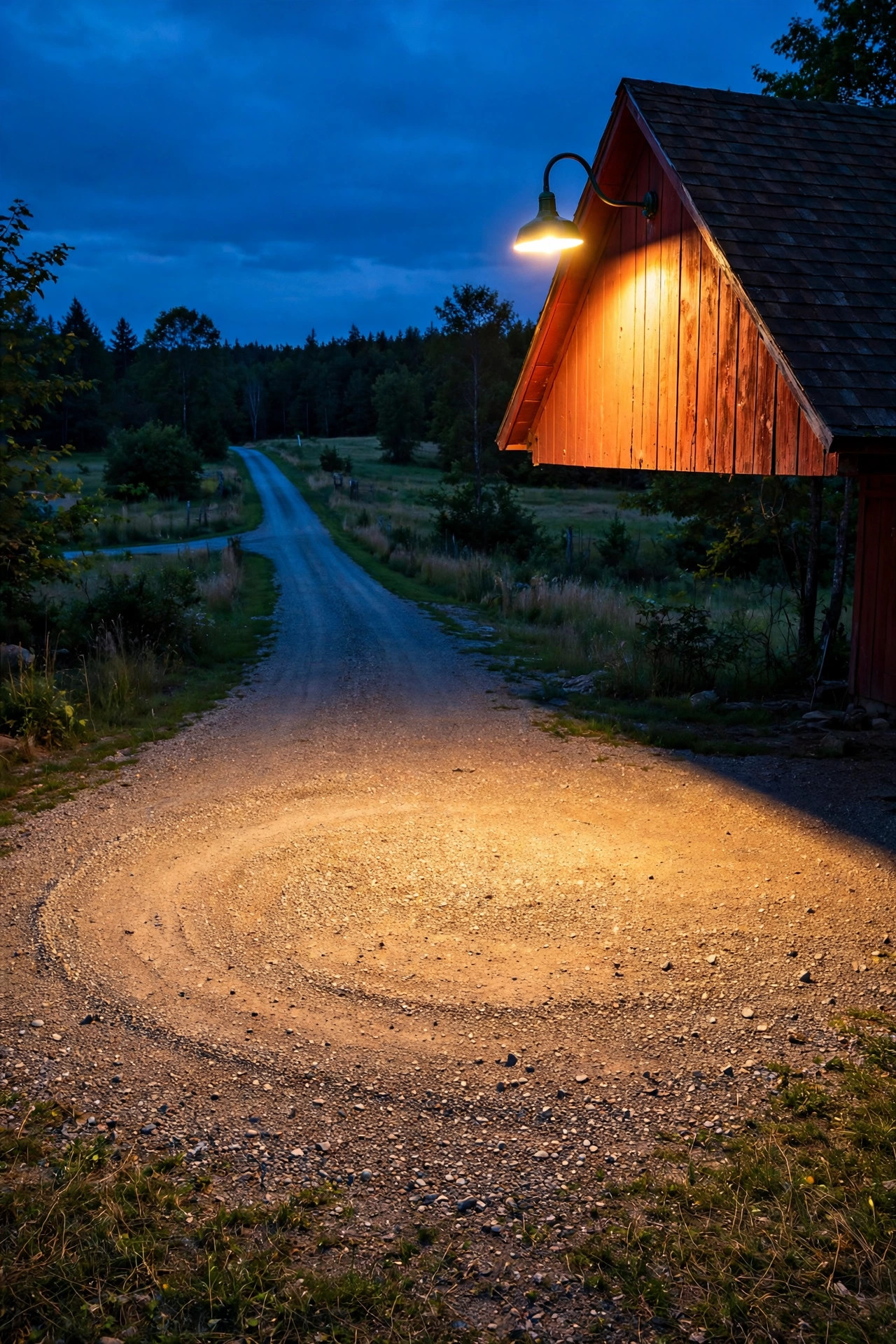 A gooseneck barn light glowing over a gravel turnaround at the end of a long driveway
