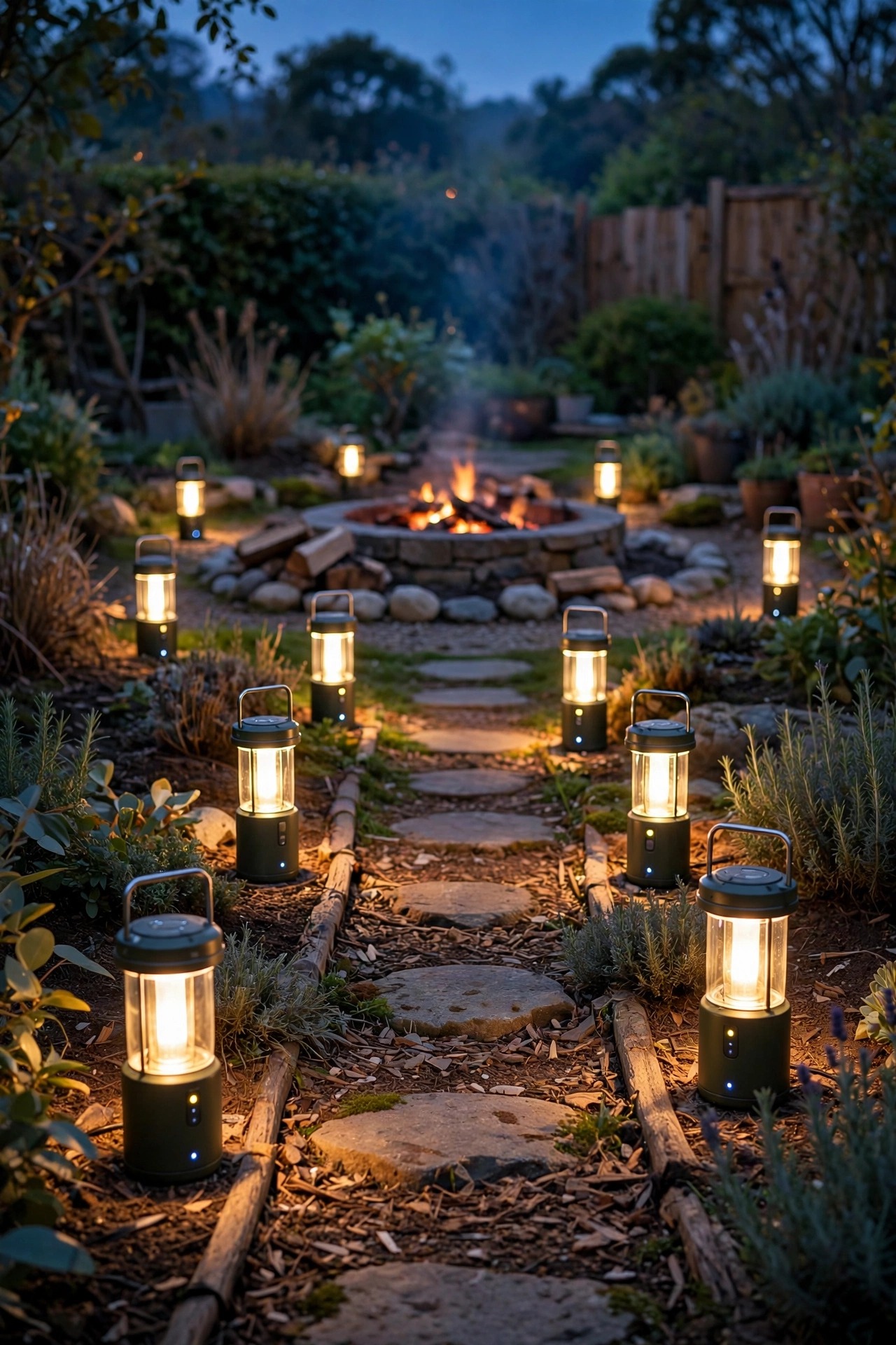Portable rechargeable lanterns glowing warm along a temporary garden path to a fire pit at dusk, movable smart lighting