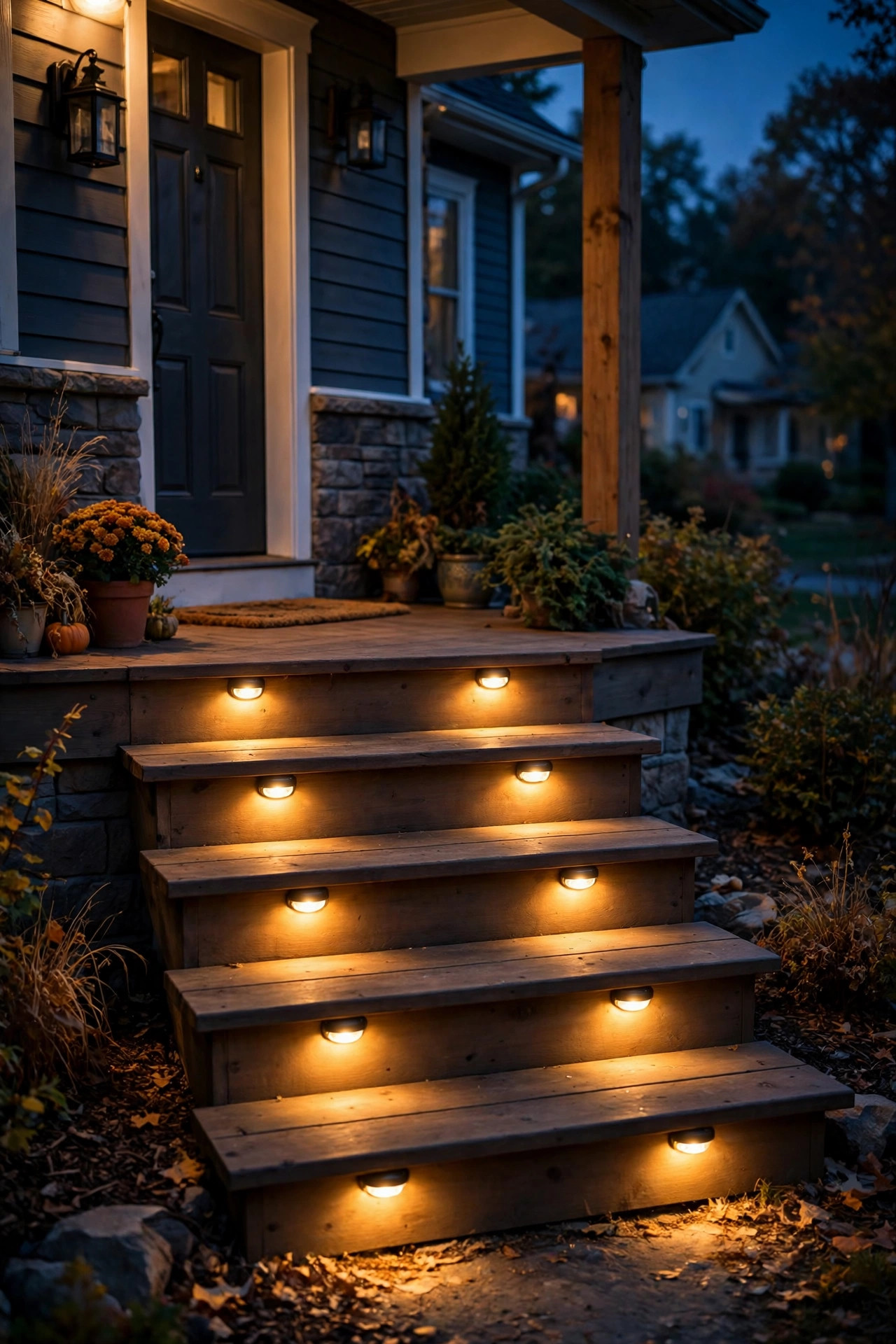 Battery powered puck lights mounted under porch step treads glowing at night
