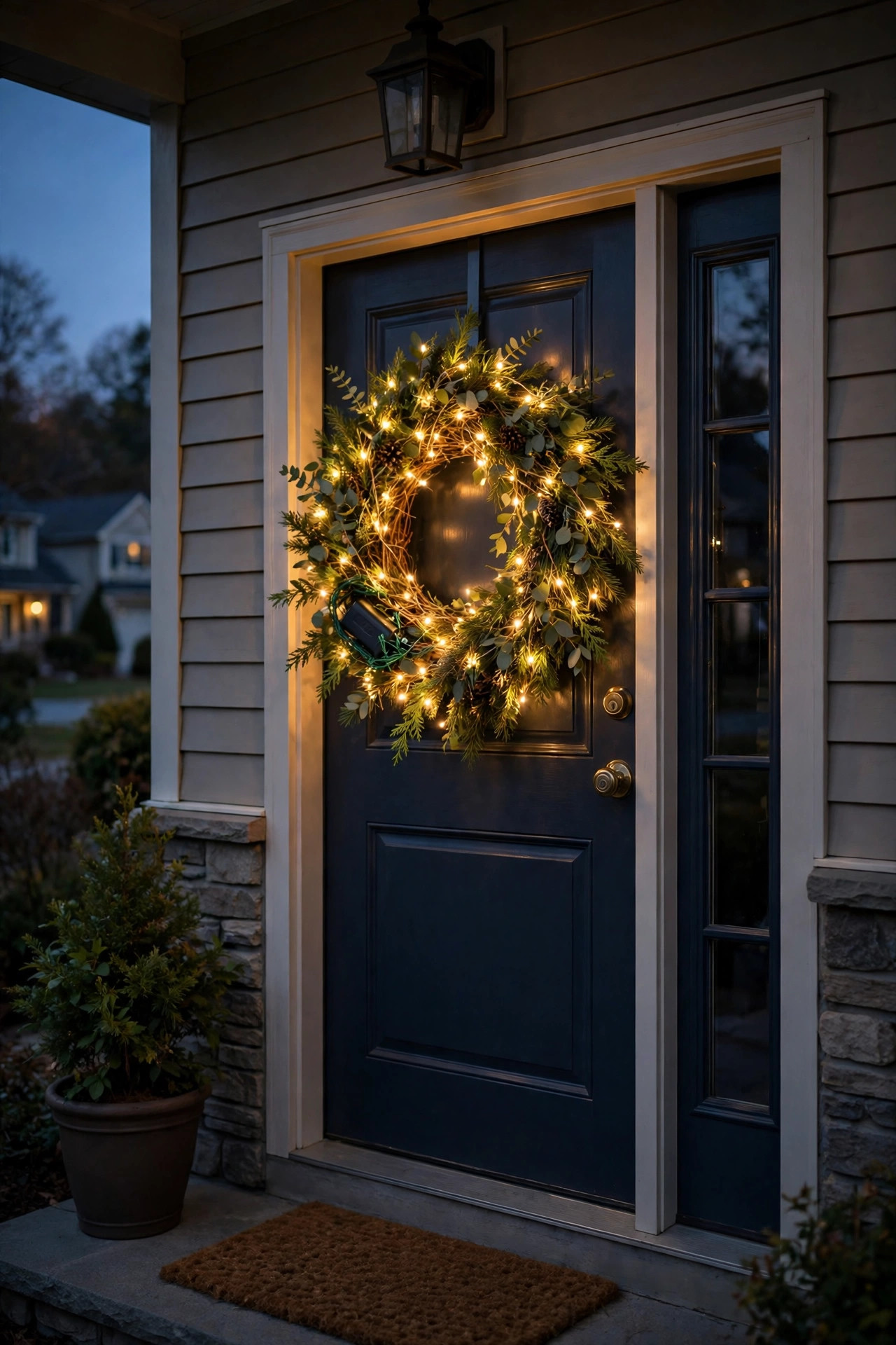 Battery micro lights woven into a wreath glowing on a front door at dusk
