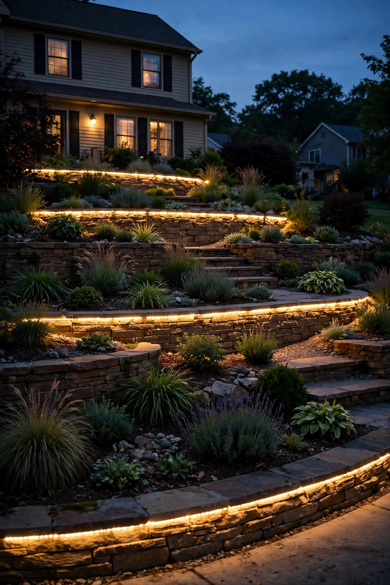 Low hardscape lights tracing the front edge of terraced planting beds in a ribbon of warm light