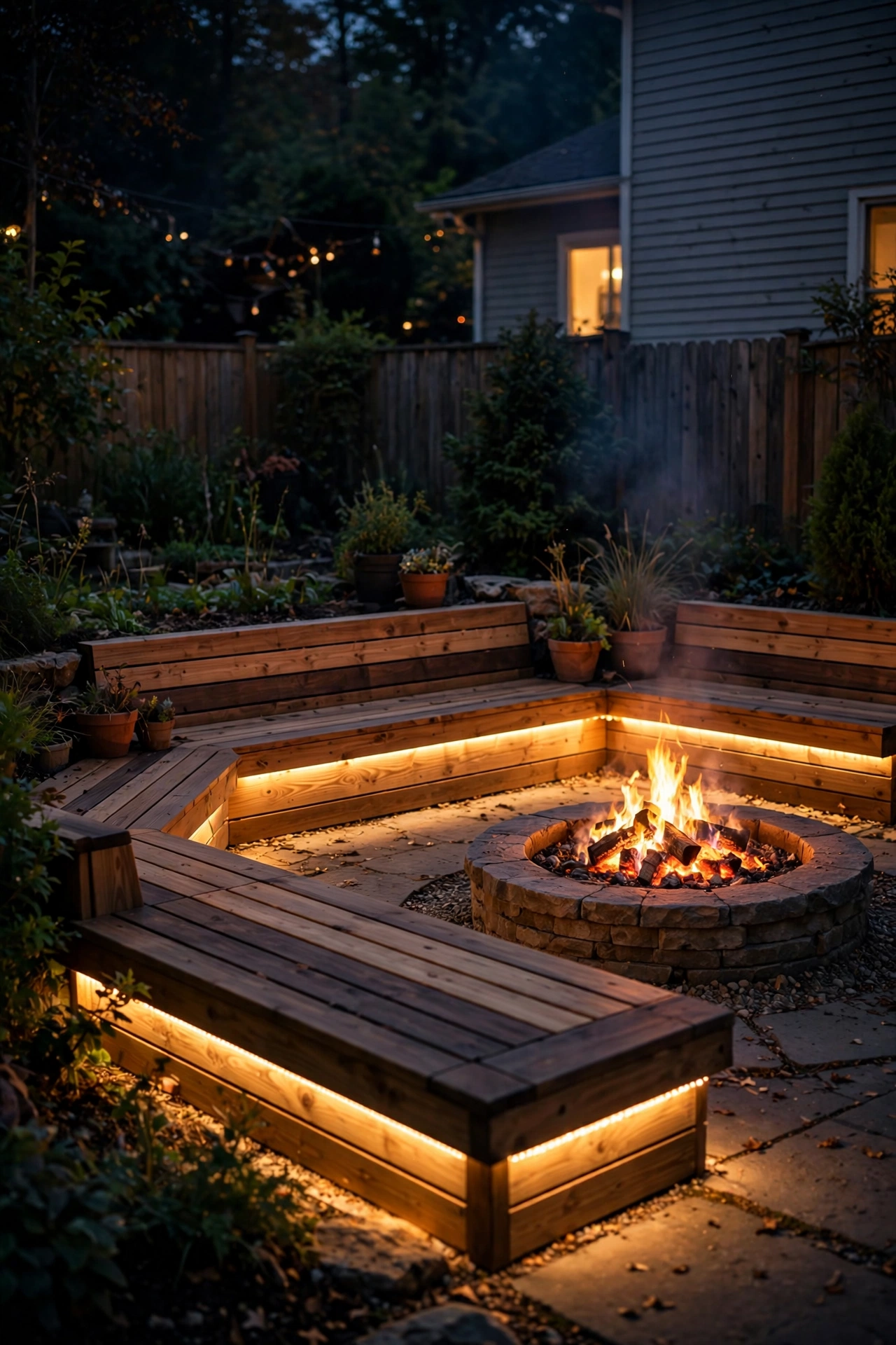 Warm rope light glowing under built-in benches around a fire pit at night