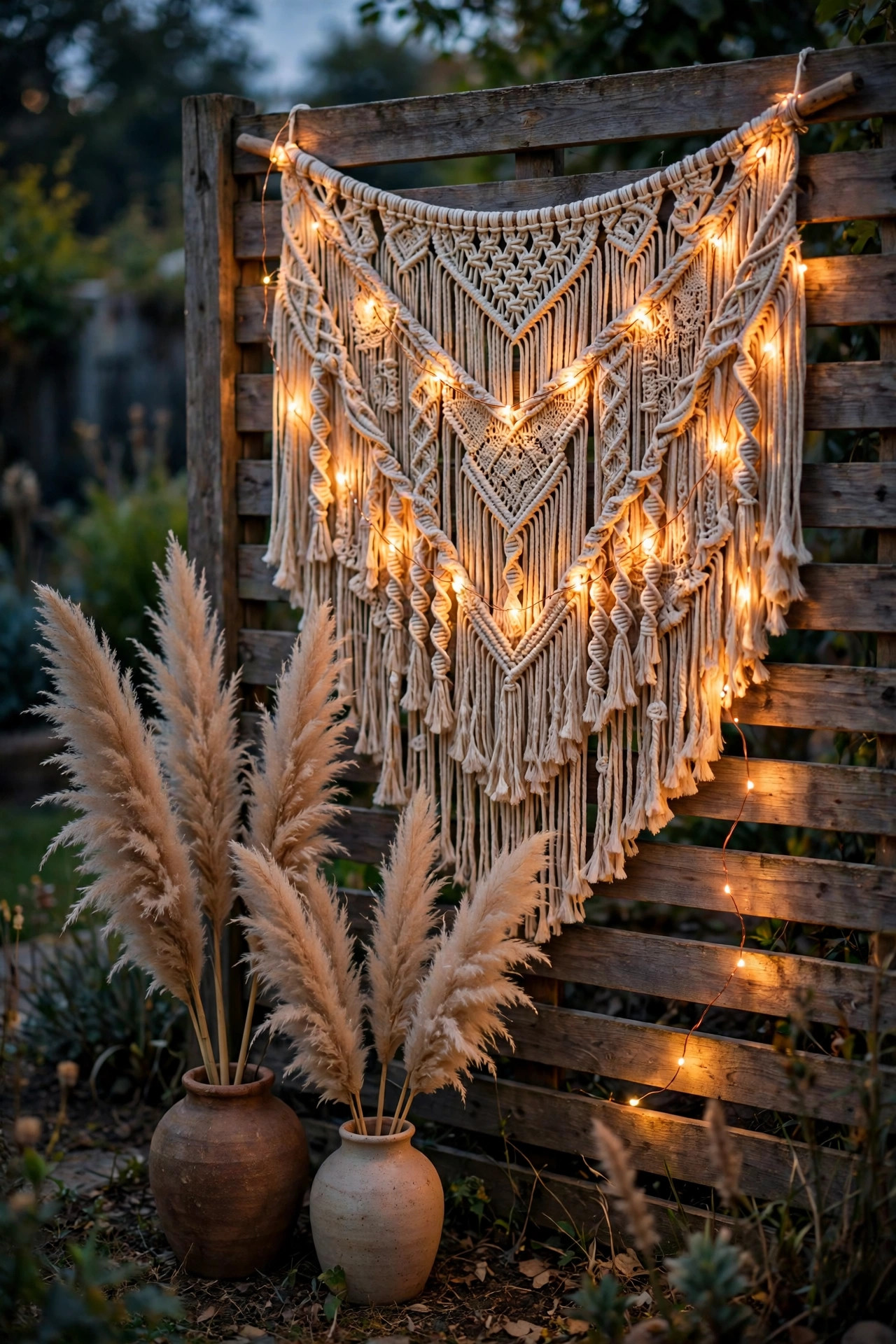 Macrame wall hanging backdrop with copper wire fairy lights woven through the knots and pampas grass at the base