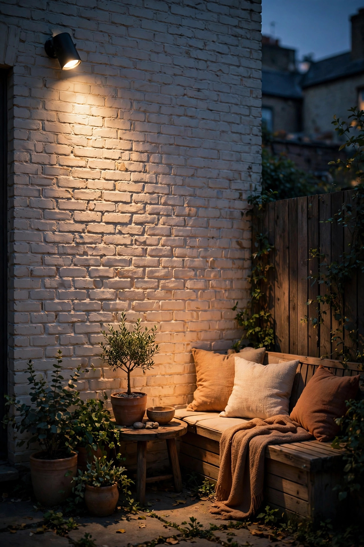 Single spotlight grazing a pale brick wall in an urban backyard, bouncing soft warm light over a seating corner at dusk