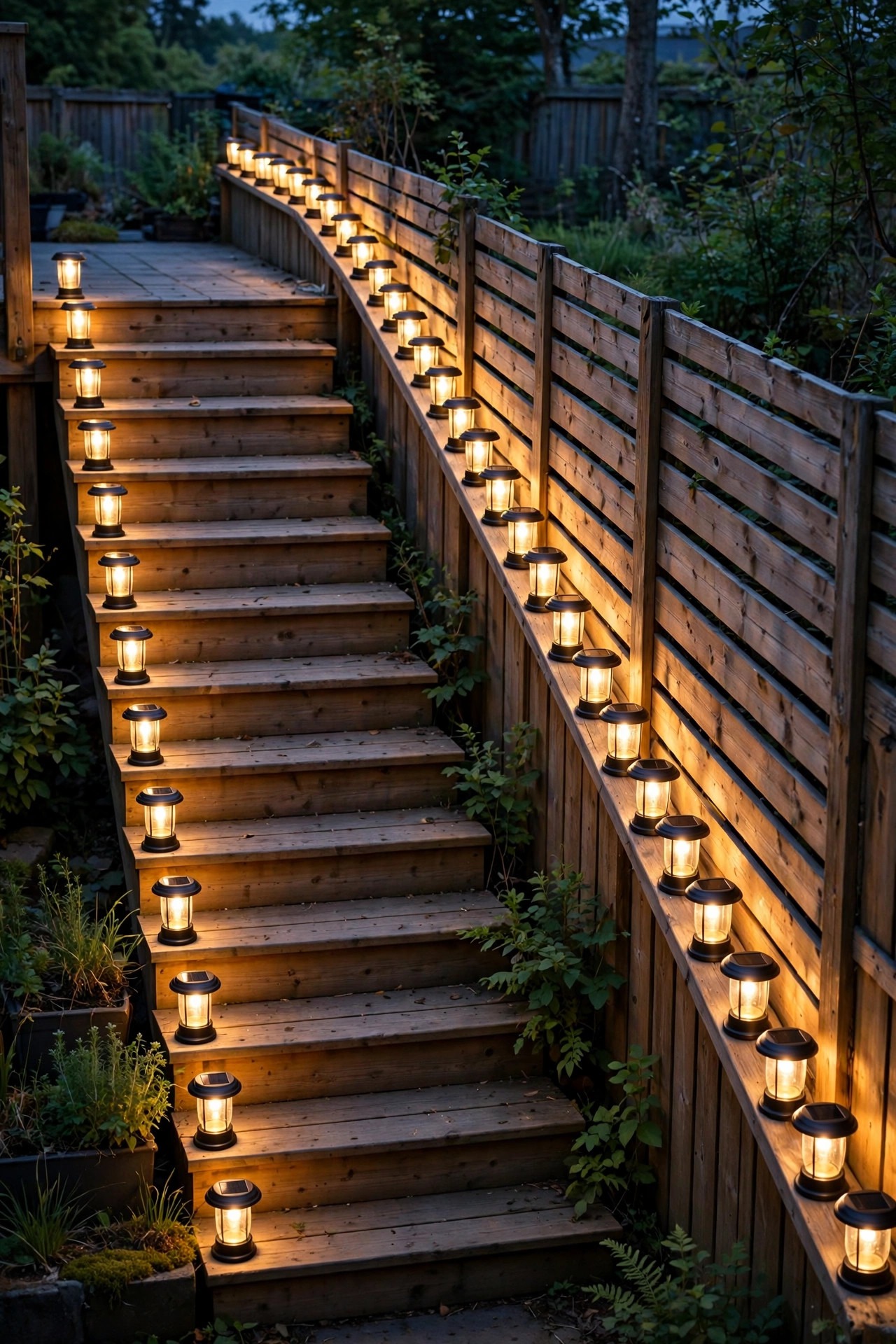Long row of matching small solar lanterns from a multipack glowing evenly along deck steps and a fence line at dusk, rhythmic repeated warm light