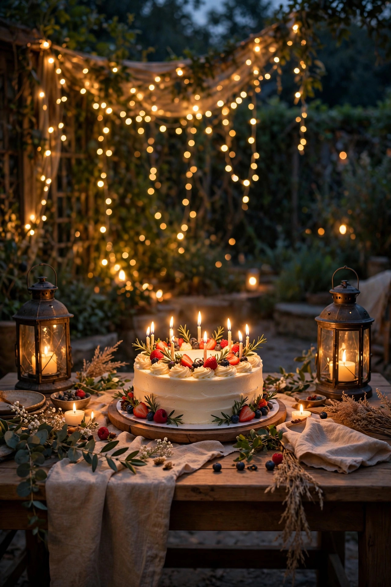 Birthday cake table styled with a fairy light backdrop, two flanking lanterns and a soft warm spotlight on the cake